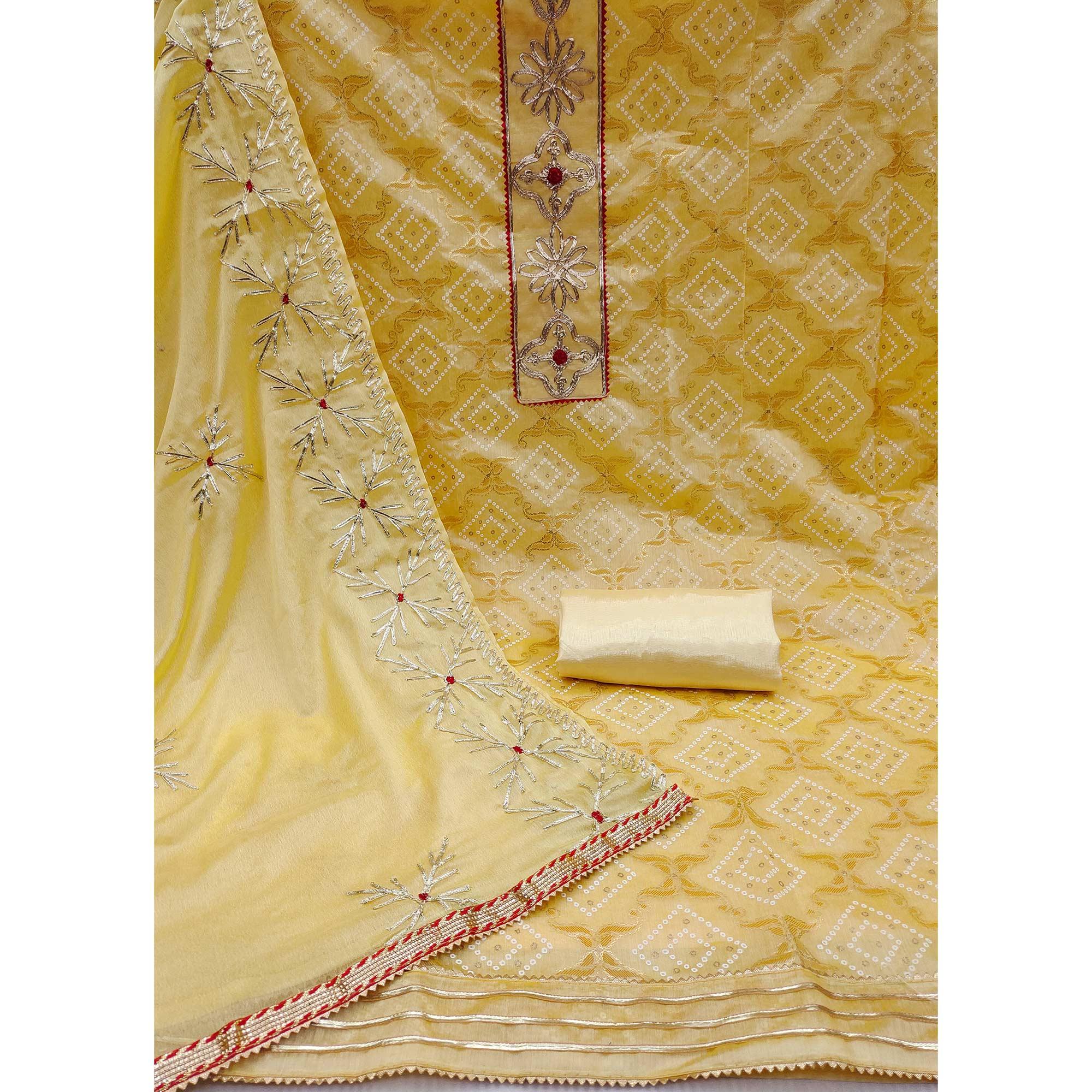 Yellow Printed With Embroidered Poly Cotton Dress Material - Peachmode