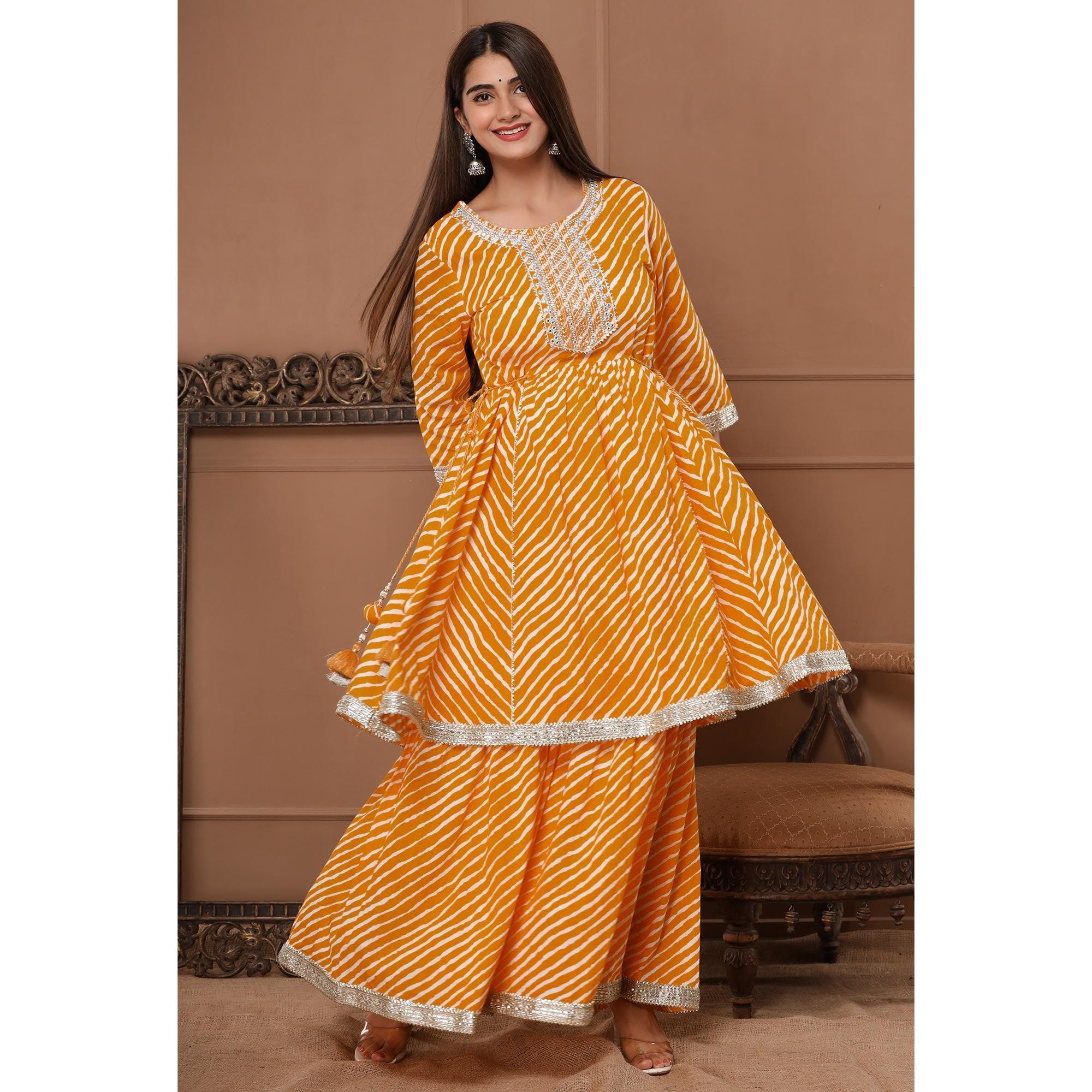 Yellow Printed With Embroidered Pure Cotton Sharara Suit - Peachmode