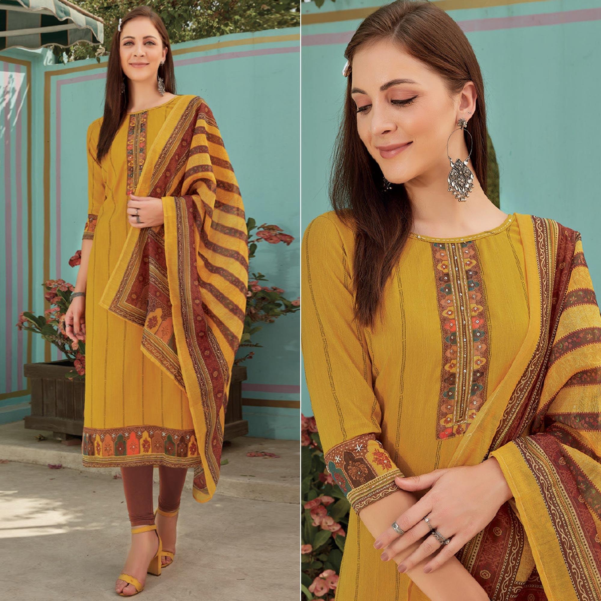 Yellow Printed With Embroidery Tapetta Silk Kurti With Dupatta - Peachmode