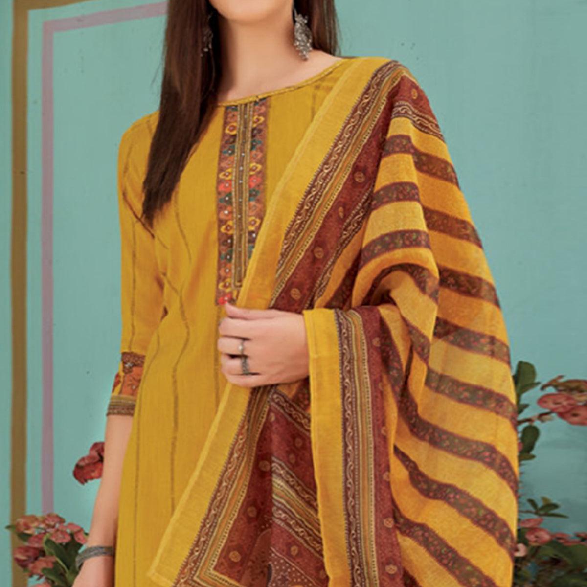 Yellow Printed With Embroidery Tapetta Silk Kurti With Dupatta - Peachmode
