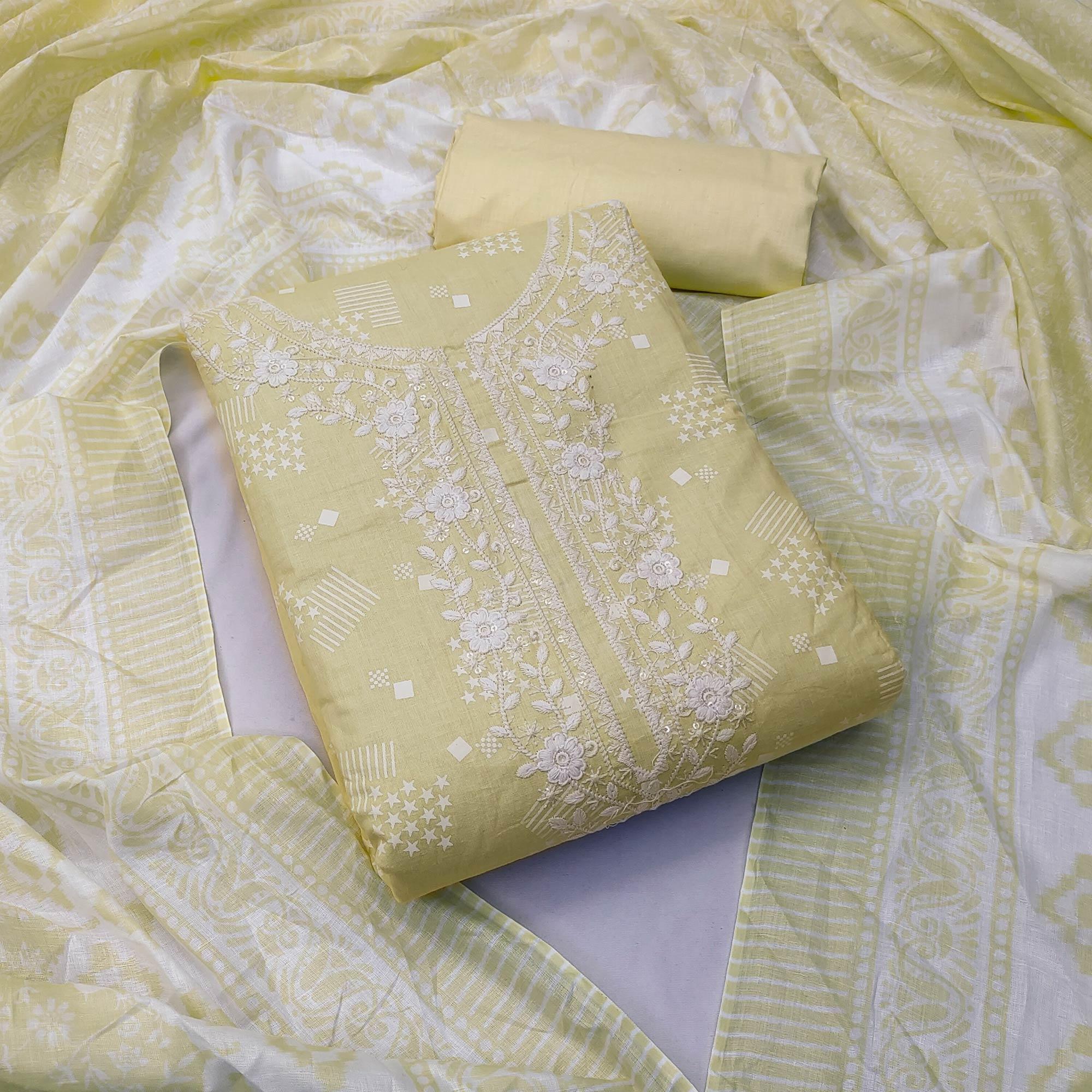 Yellow Printed With Floral Embroidered Pure Cotton Dress Material - Peachmode