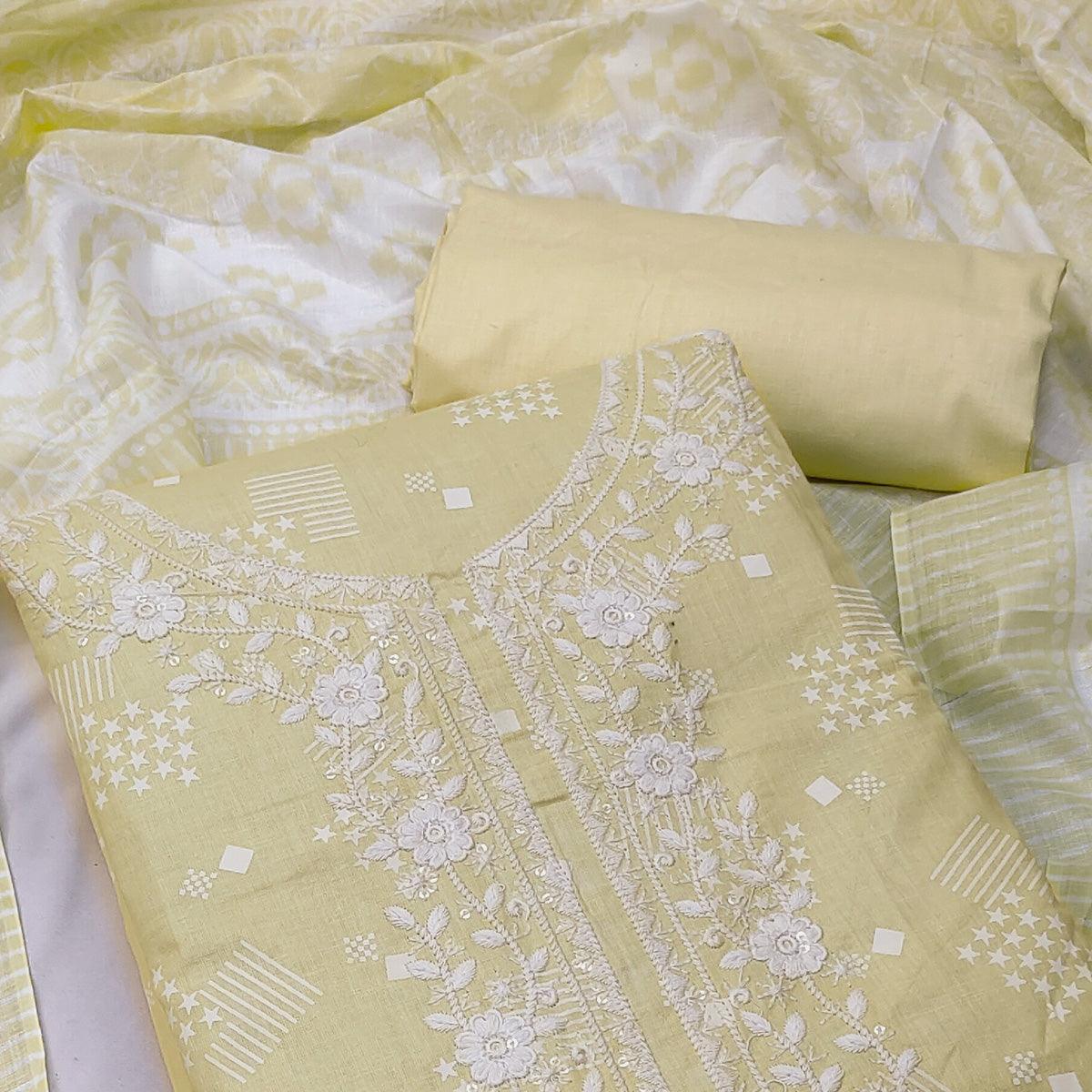Yellow Printed With Floral Embroidered Pure Cotton Dress Material - Peachmode