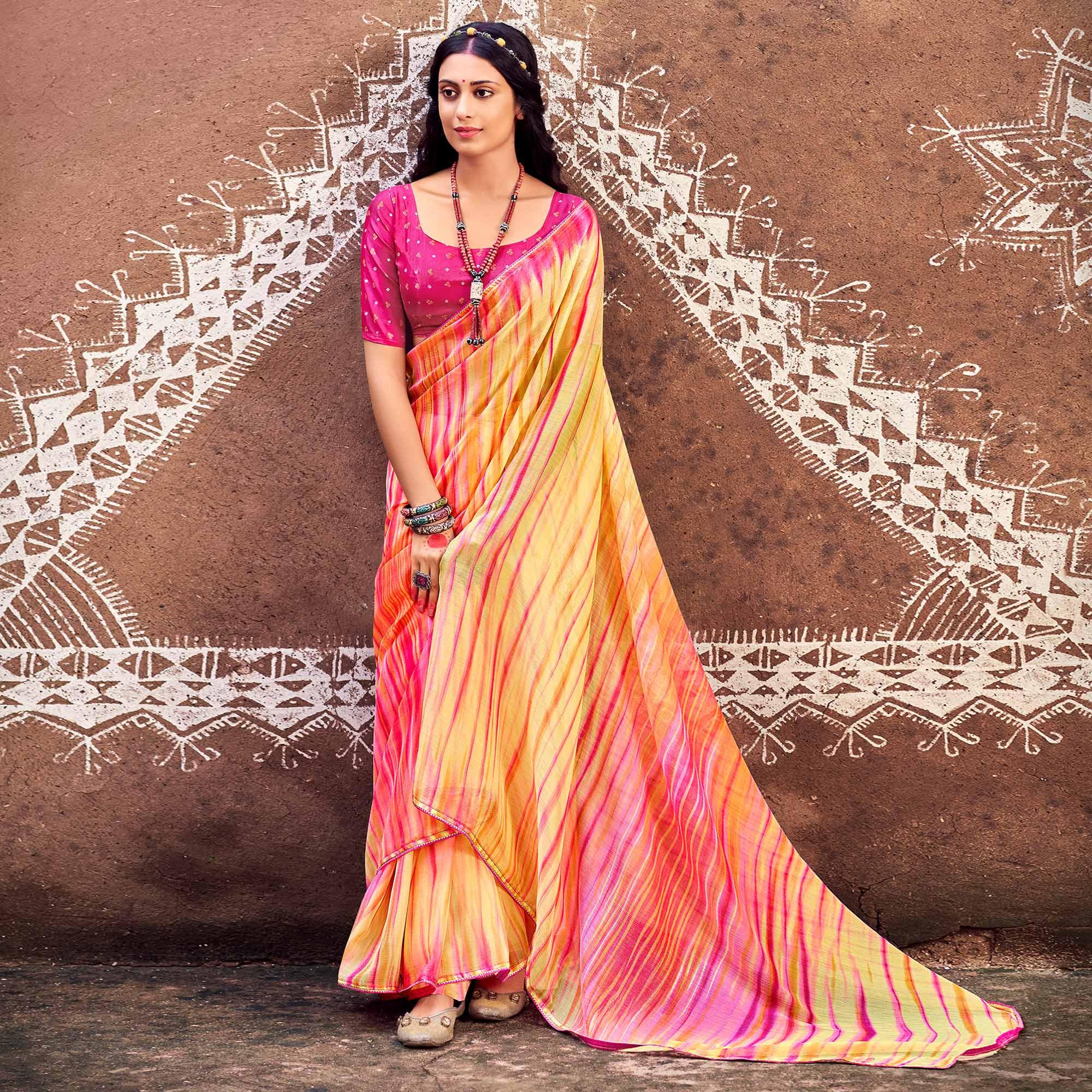 Yellow Printed With Gota Patti Border Chiffon Saree - Peachmode