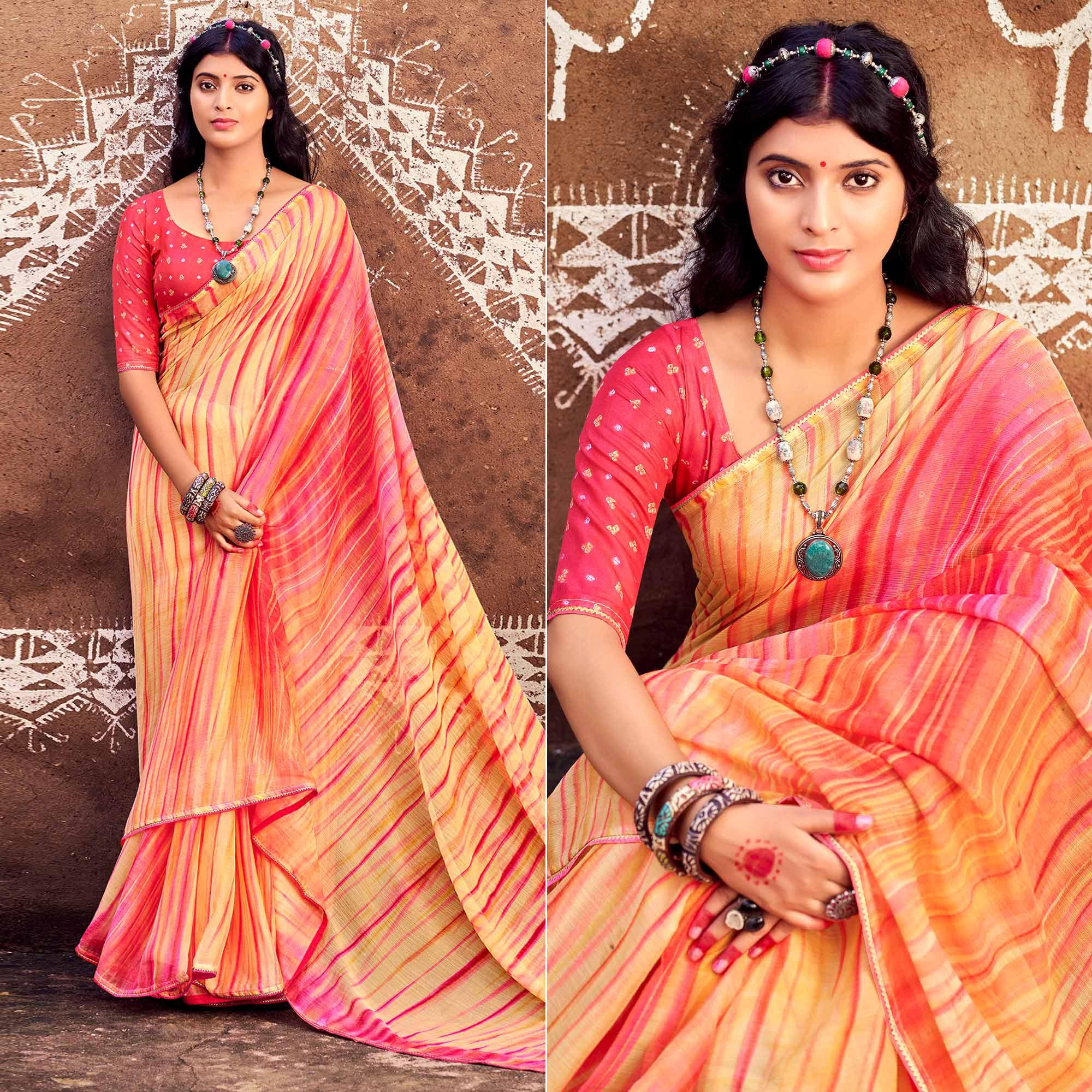 Yellow Printed With Gota Patti Border Chiffon Saree - Peachmode