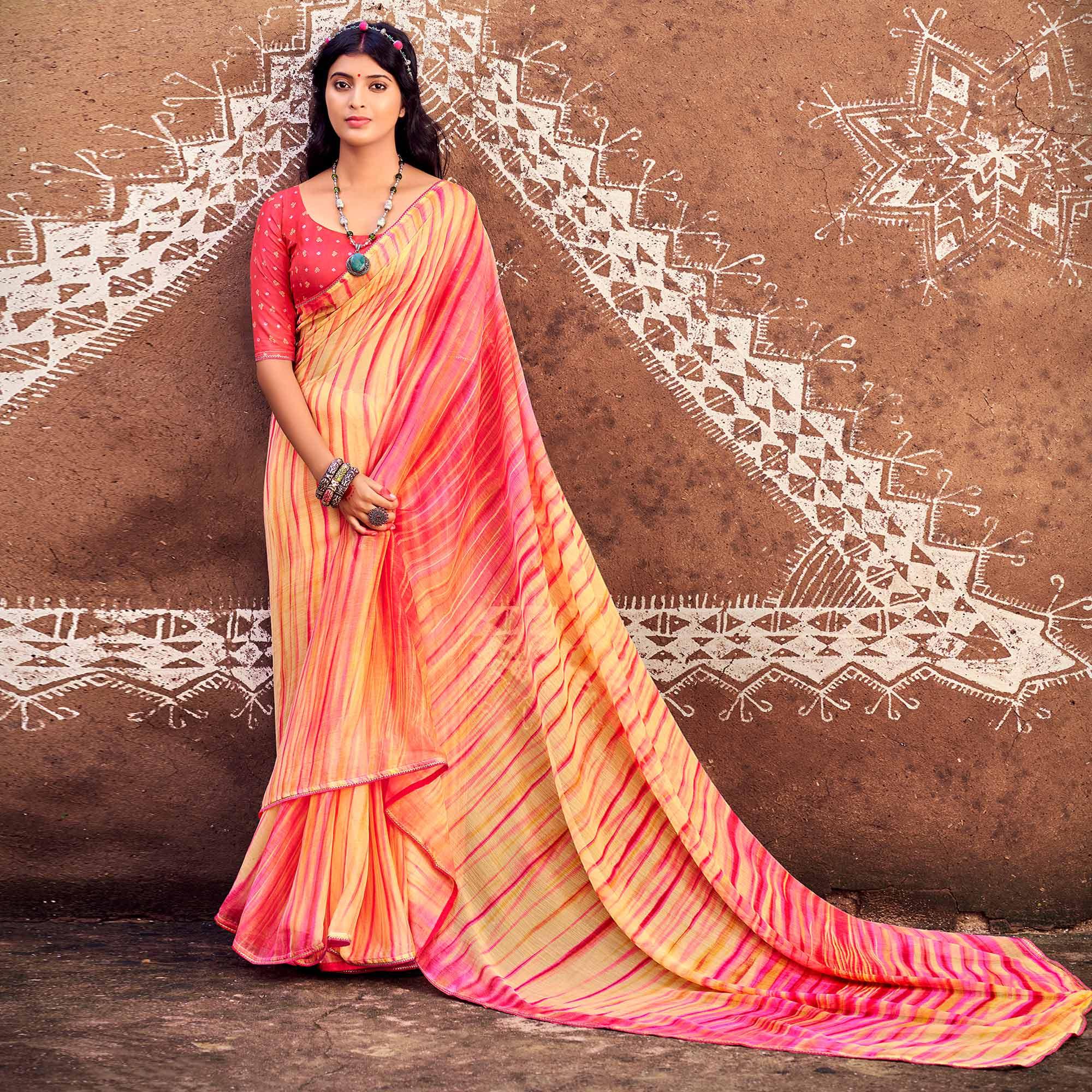 Yellow Printed With Gota Patti Border Chiffon Saree - Peachmode