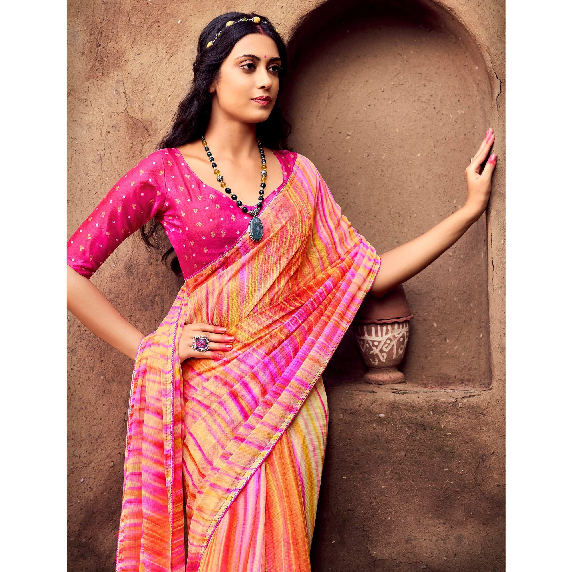 Yellow Printed With Gota Patti Border Chiffon Saree - Peachmode