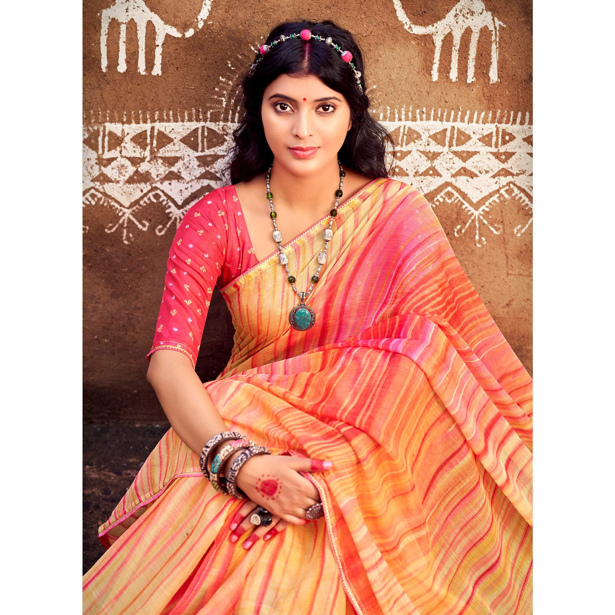 Yellow Printed With Gota Patti Border Chiffon Saree - Peachmode