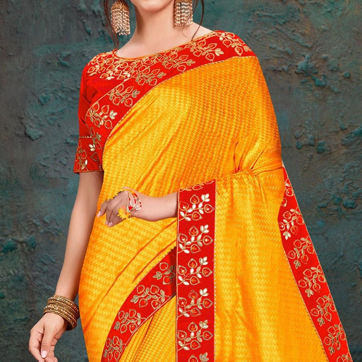 Yellow Printed With Gota Work Art Silk Saree - Peachmode