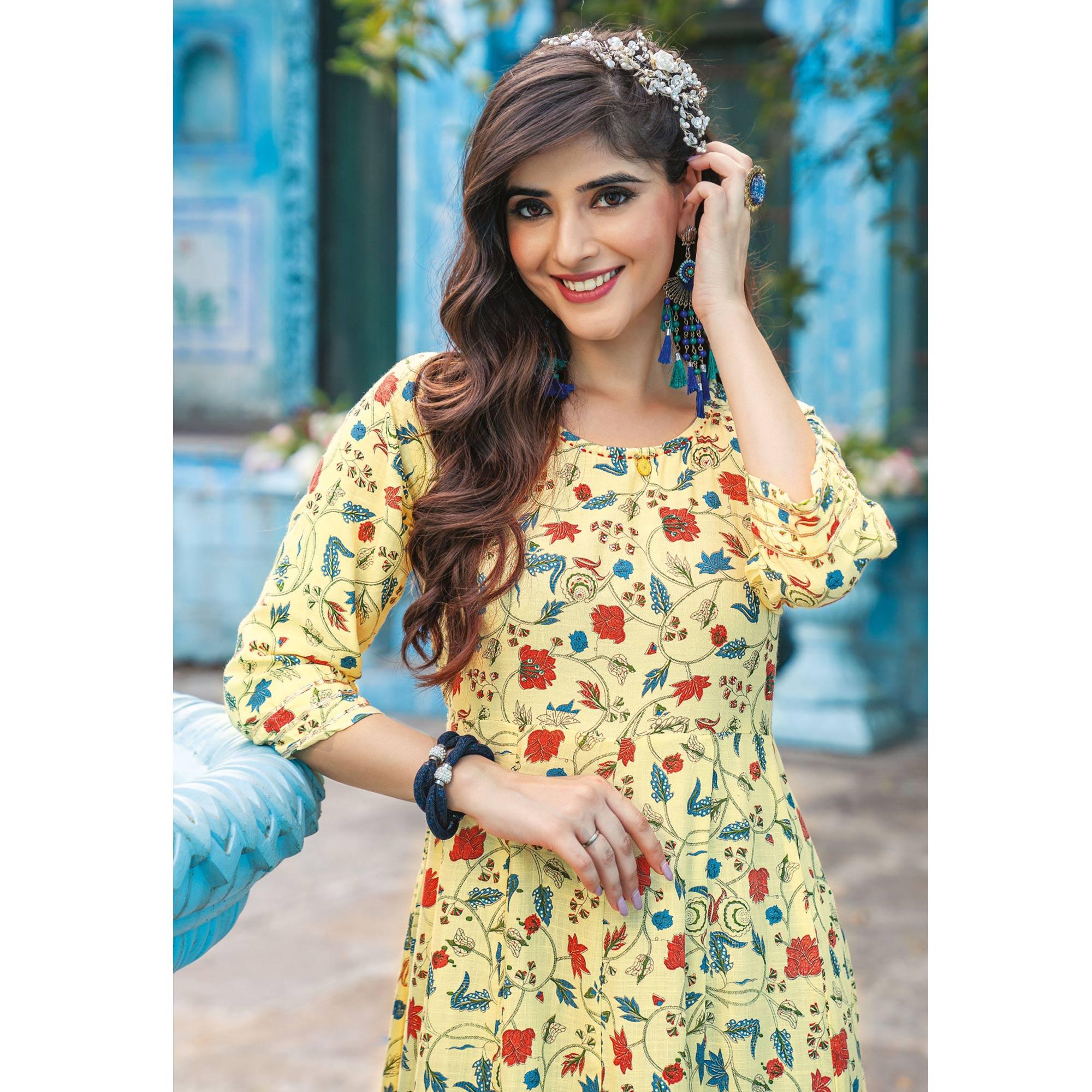 Yellow Printed With Sequence Embroidered Rayon Kurti - Peachmode
