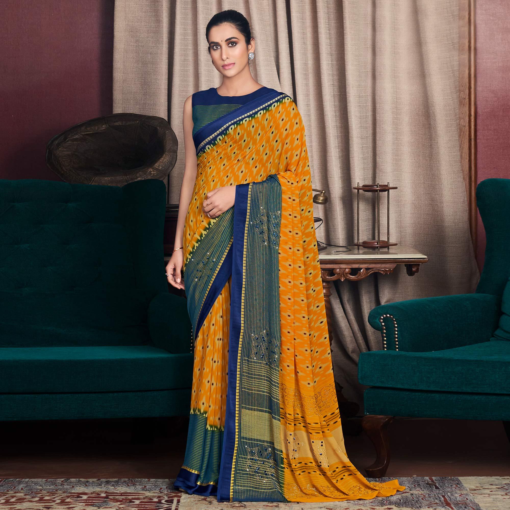 Yellow Printed With Swarovski Work Georgette Saree - Peachmode