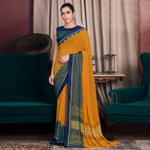 Yellow Printed With Swarovski Work Georgette Saree - Peachmode