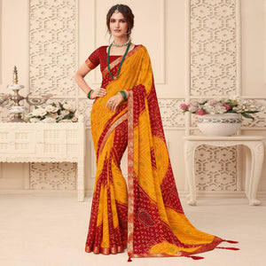 Yellow-Red Casual Wear Bandhani Printed Chiffon Saree With Tassels - Peachmode