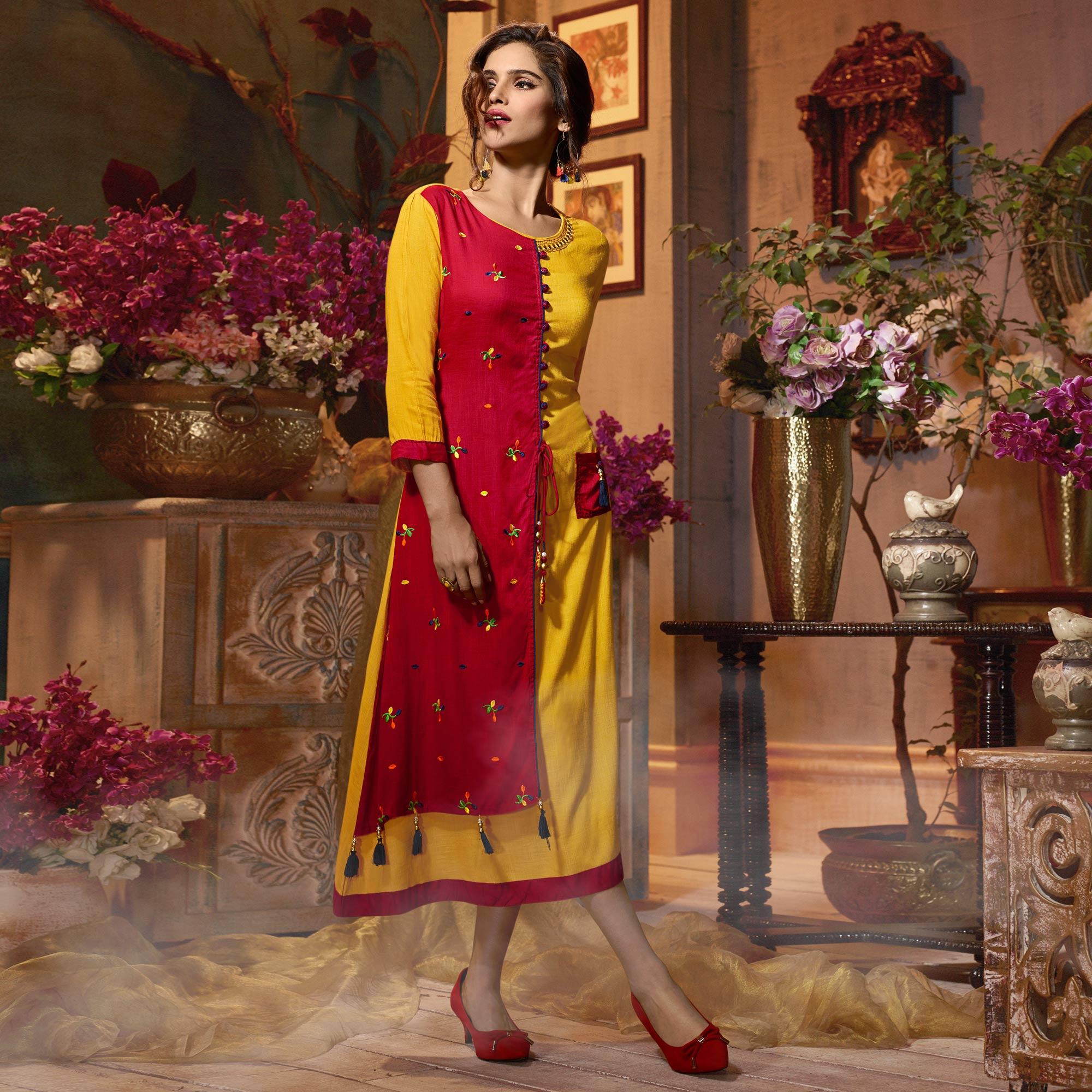 Yellow-Red Floral Embroidered Rayon Kurti - Peachmode