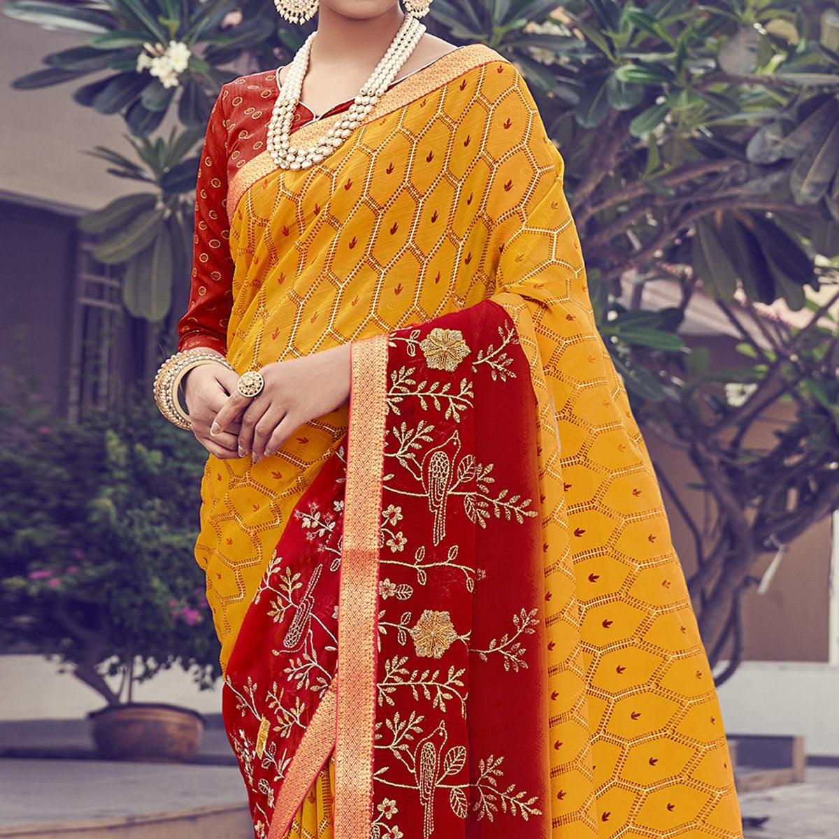Yellow - Red Floral Embroidered With Foil Printed Chiffon Half & Half Saree - Peachmode