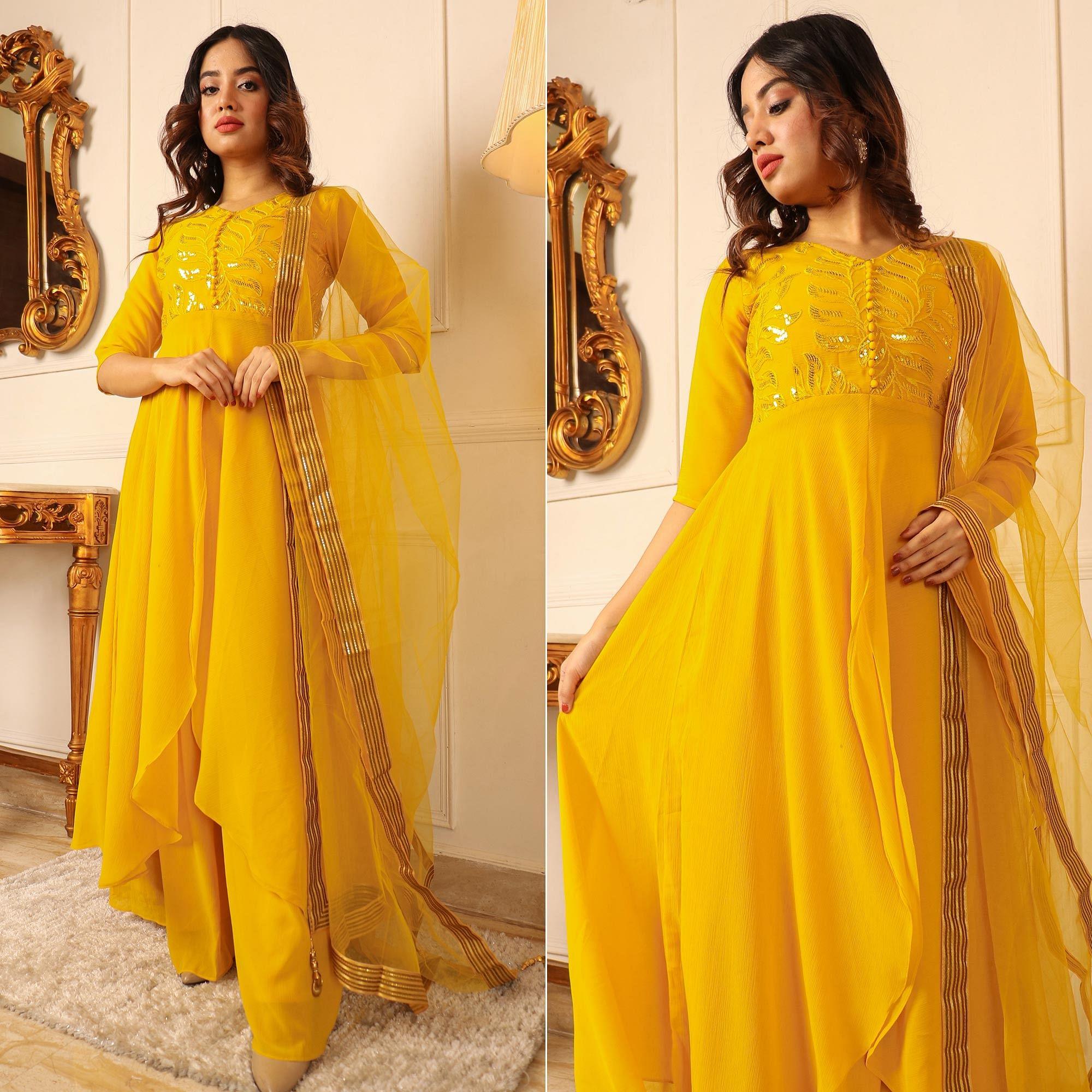 Yellow Sequence Embroidered Chiffon Palazzo Suit - Peachmode