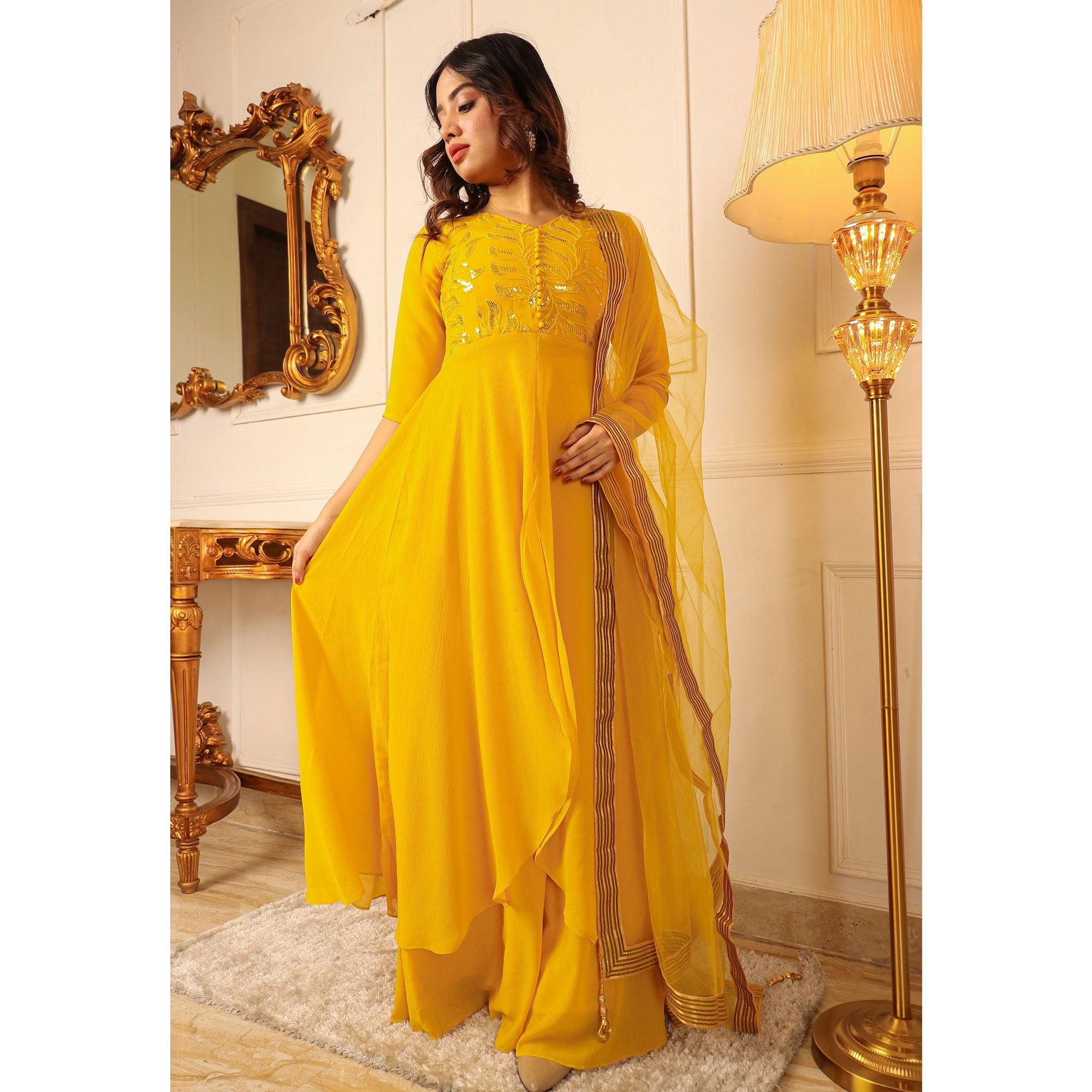 Yellow Sequence Embroidered Chiffon Palazzo Suit - Peachmode
