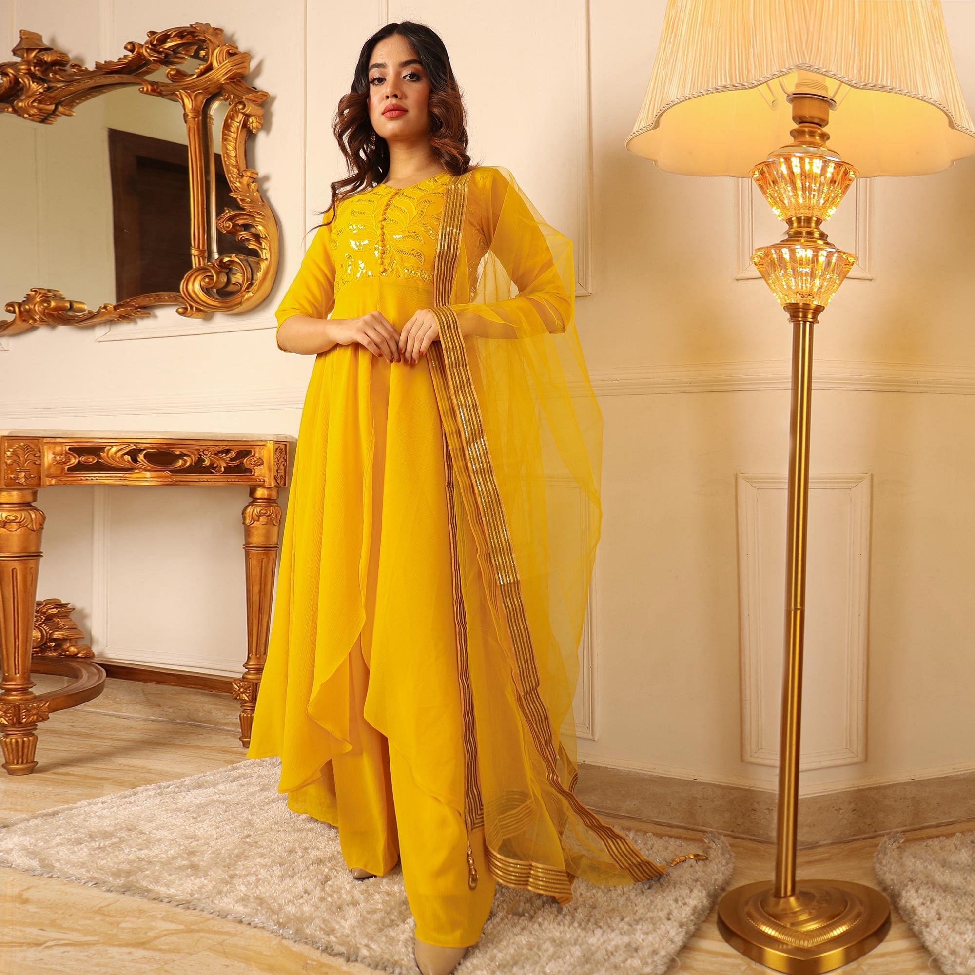 Yellow Sequence Embroidered Chiffon Palazzo Suit - Peachmode
