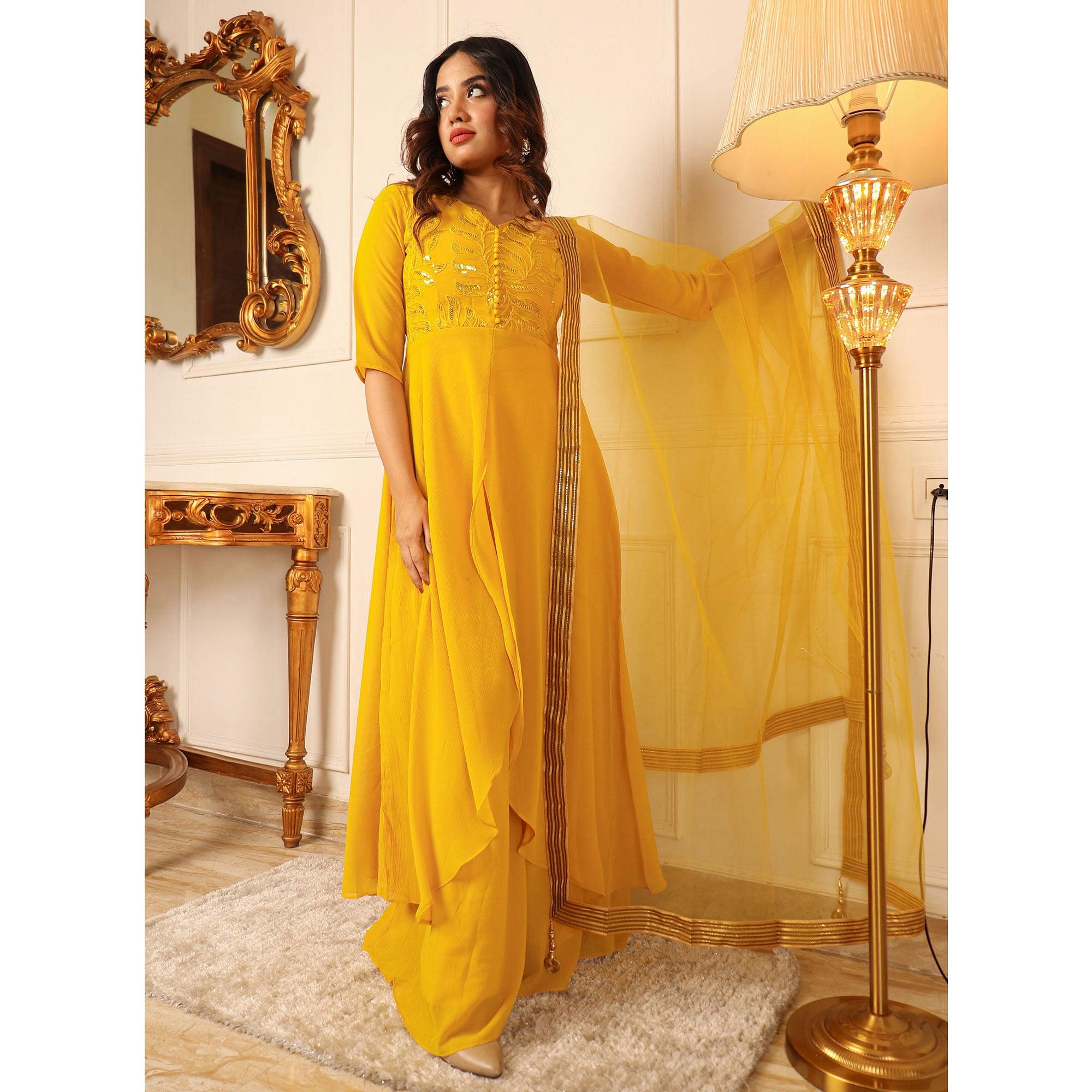 Yellow Sequence Embroidered Chiffon Palazzo Suit - Peachmode