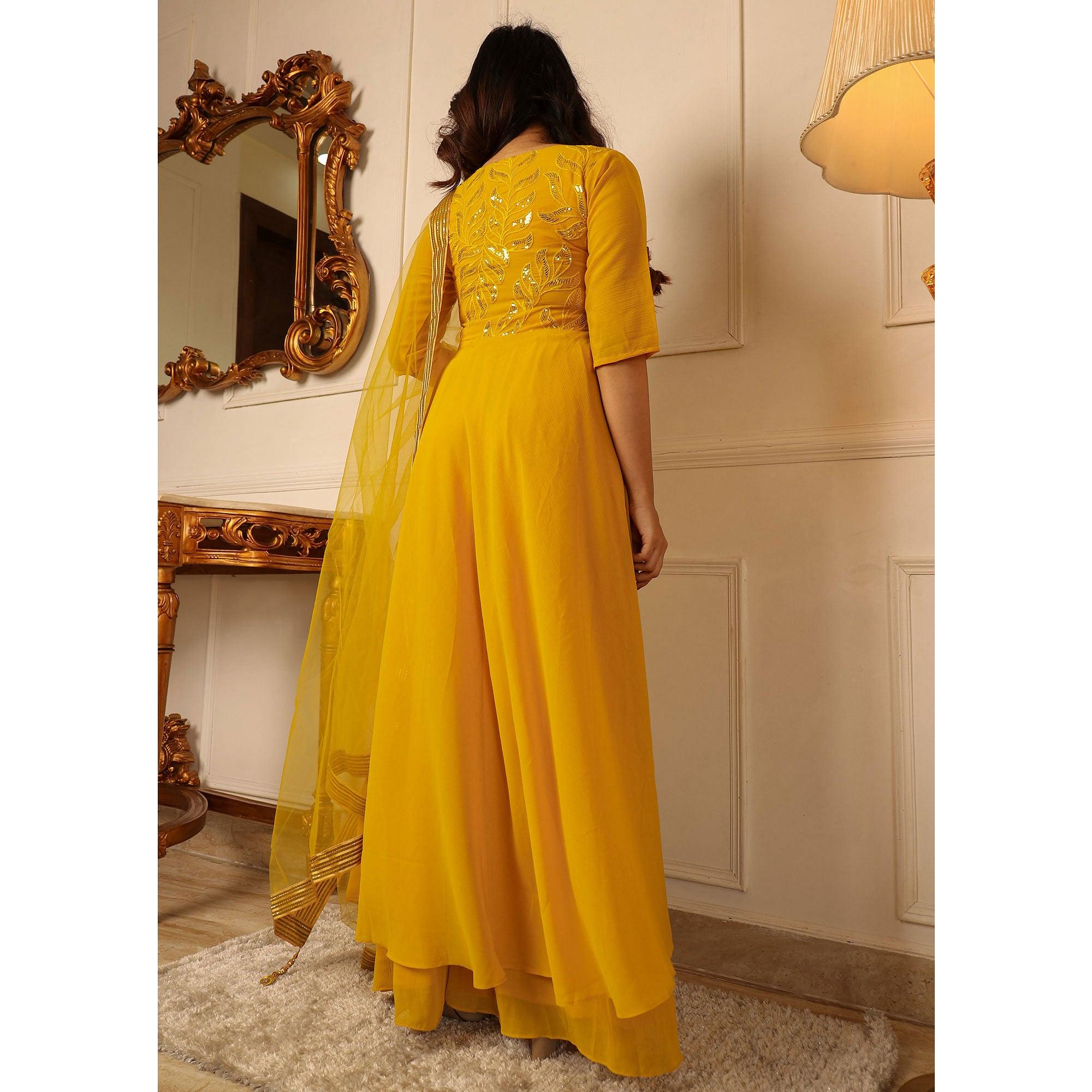 Yellow Sequence Embroidered Chiffon Palazzo Suit - Peachmode