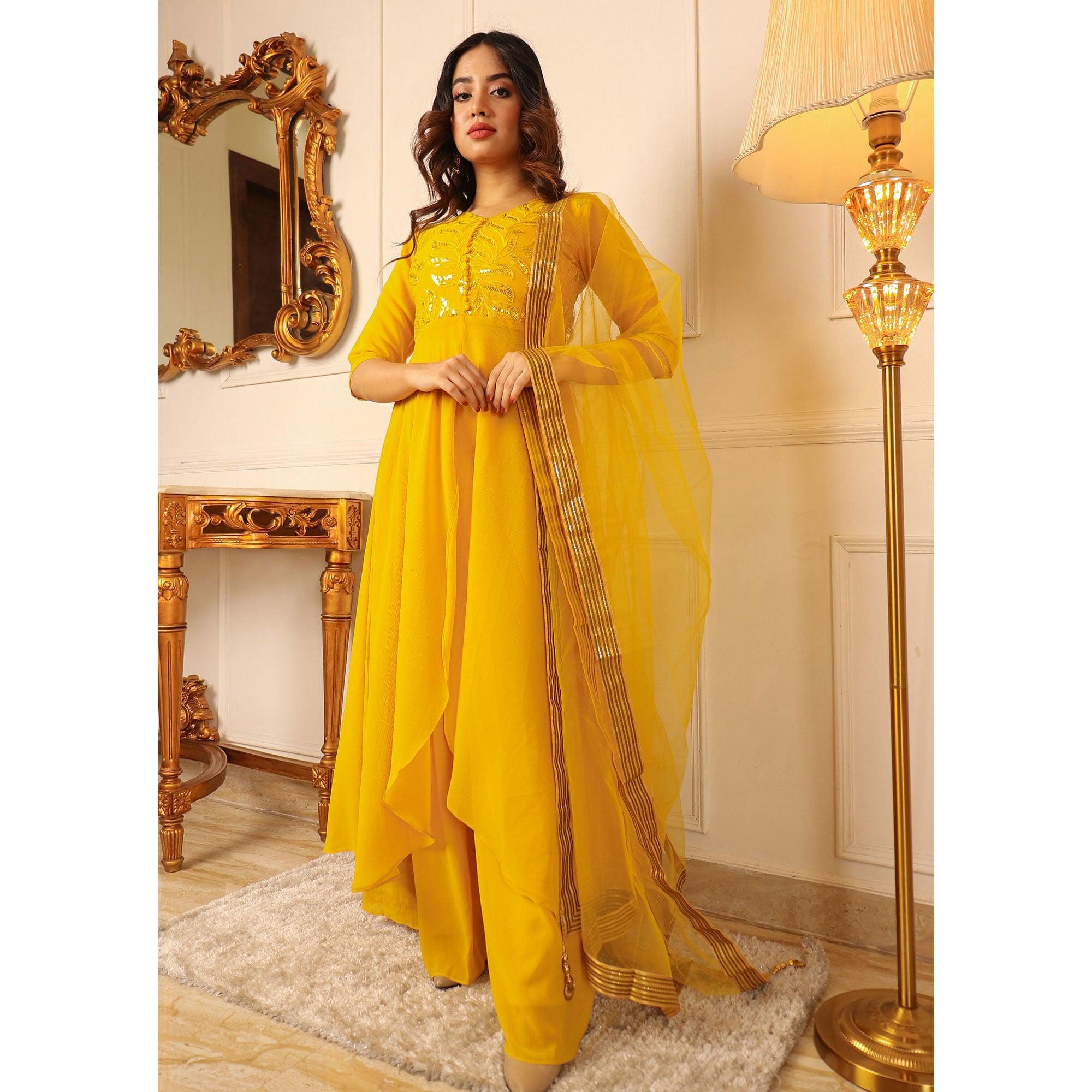 Yellow Sequence Embroidered Chiffon Palazzo Suit - Peachmode