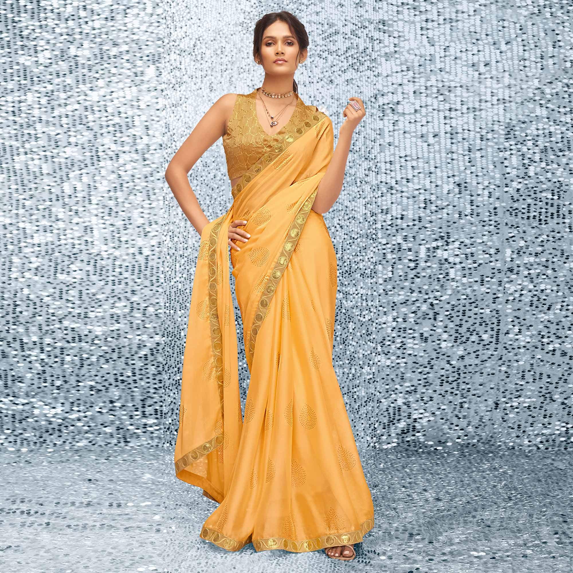 Yellow Sequence Embroidered Chiffon Saree - Peachmode