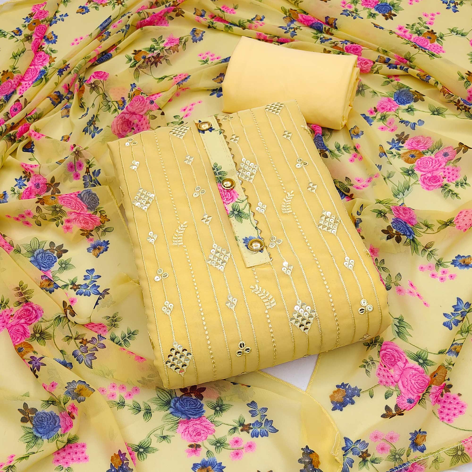 Yellow Sequence Embroidered Georgette Dress Material - Peachmode