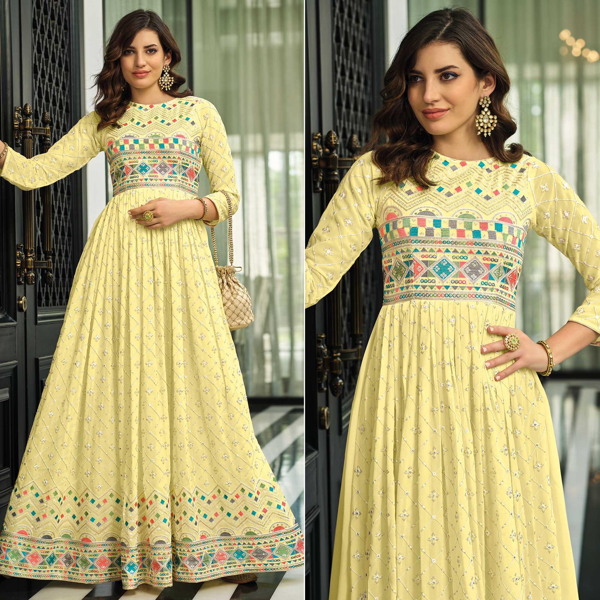 Yellow Sequence Embroidered Georgette Gown - Peachmode