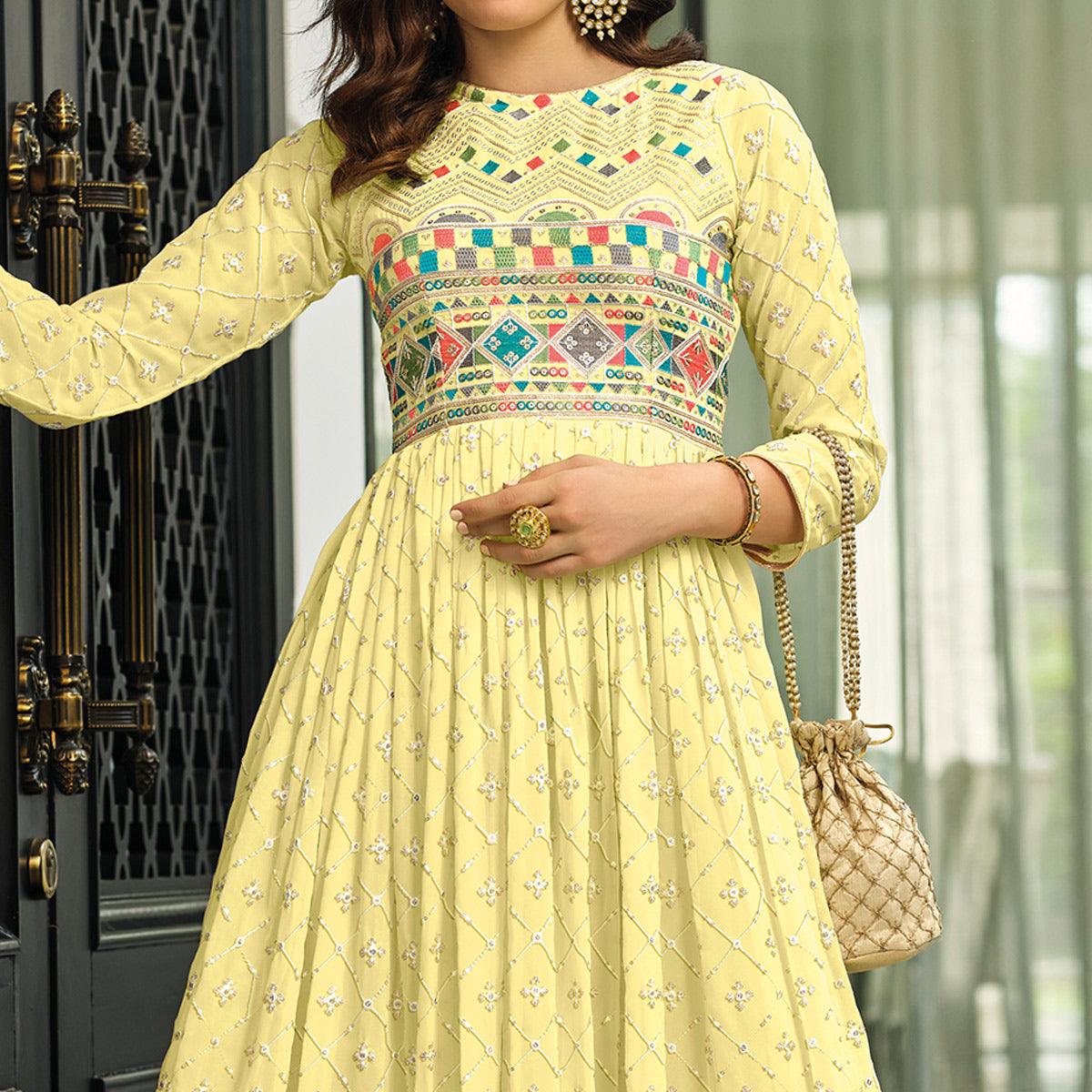 Yellow Sequence Embroidered Georgette Gown - Peachmode