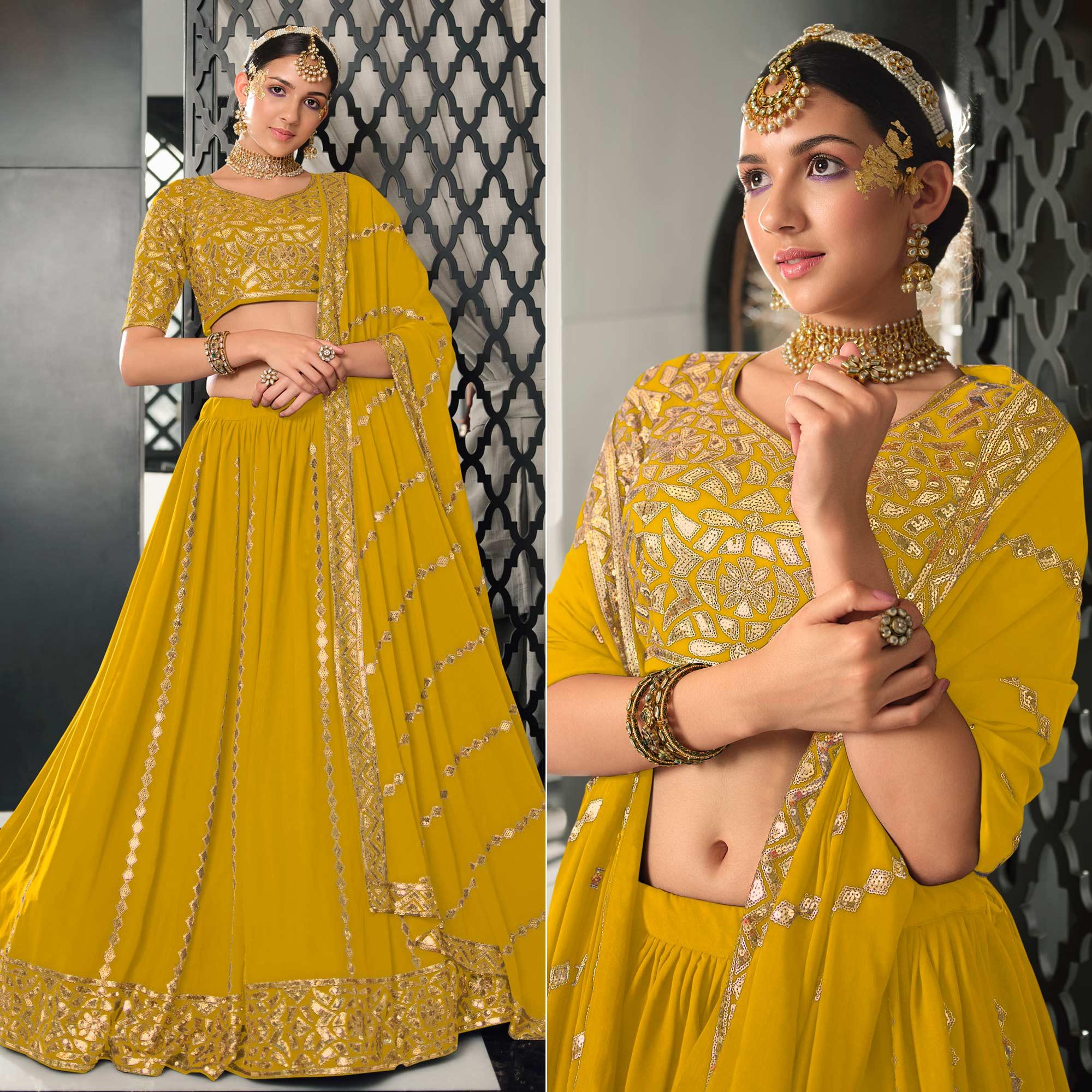 Yellow Sequence Embroidered Georgette Lehenga Choli - Peachmode