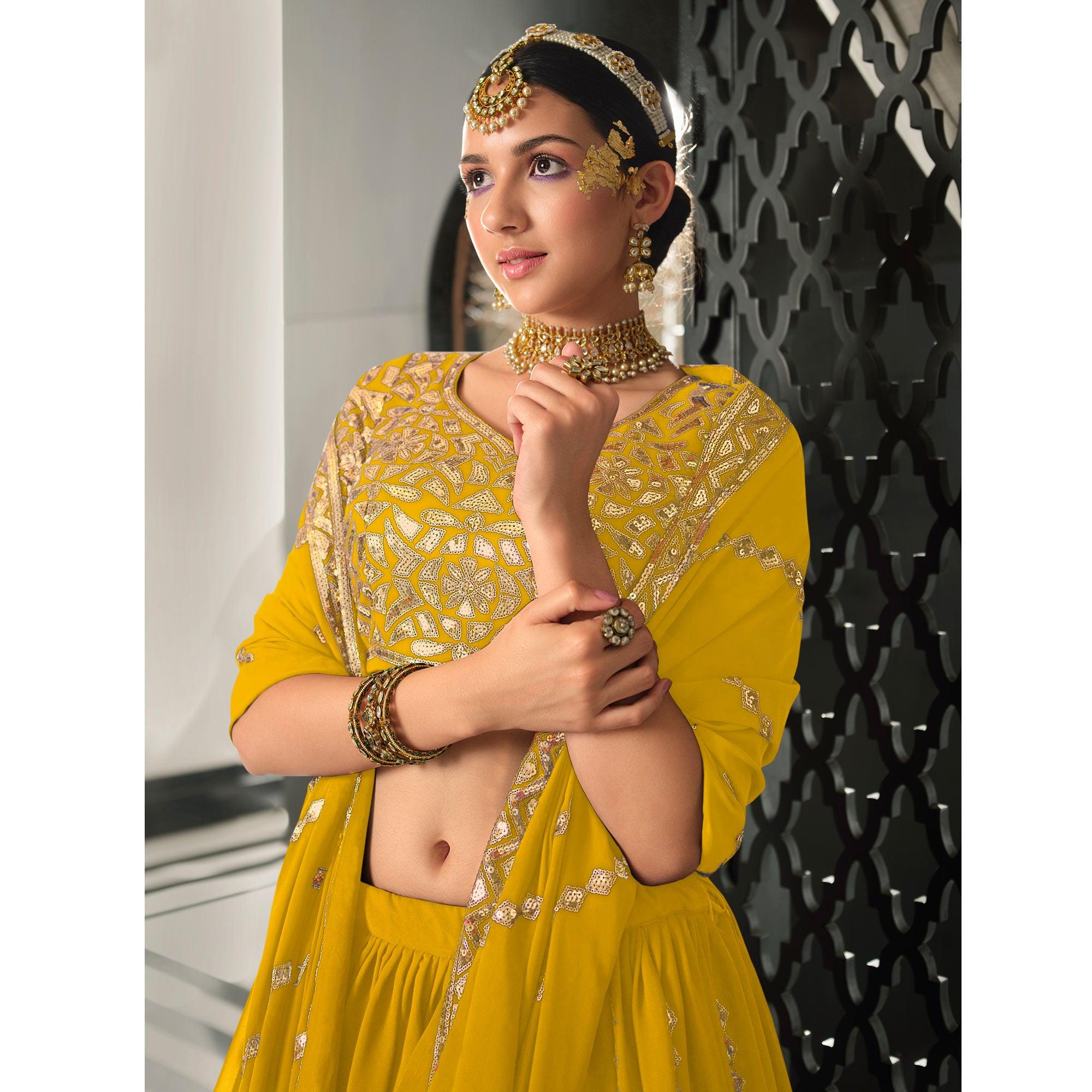 Yellow Sequence Embroidered Georgette Lehenga Choli - Peachmode