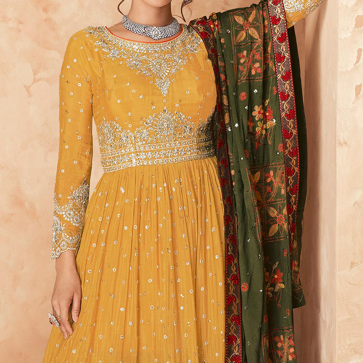 Yellow Sequence Embroidered Georgette Partywear Palazzo Suit - Peachmode