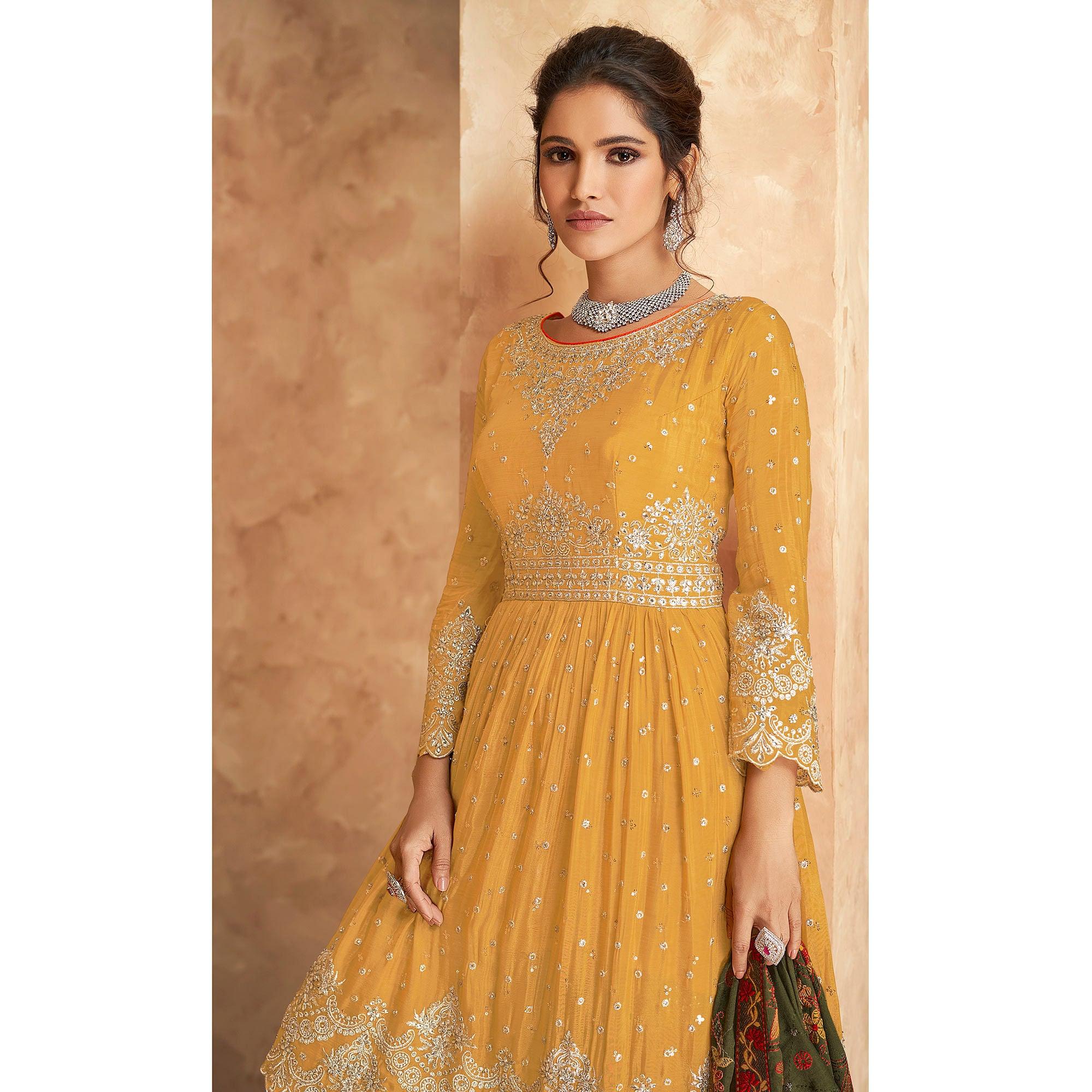Yellow Sequence Embroidered Georgette Partywear Palazzo Suit - Peachmode