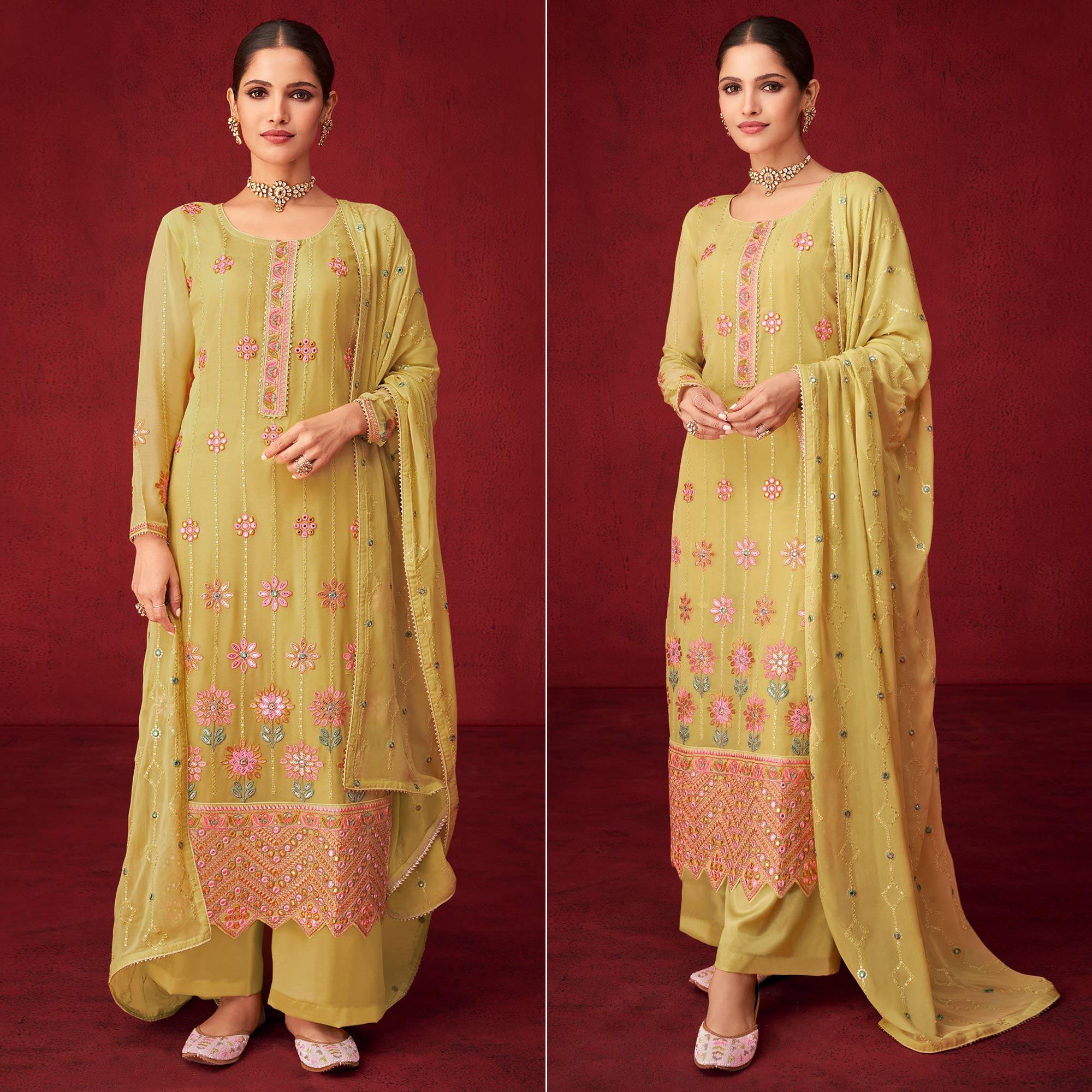 Yellow Sequence Embroidered Georgette Partywear Suit - Peachmode