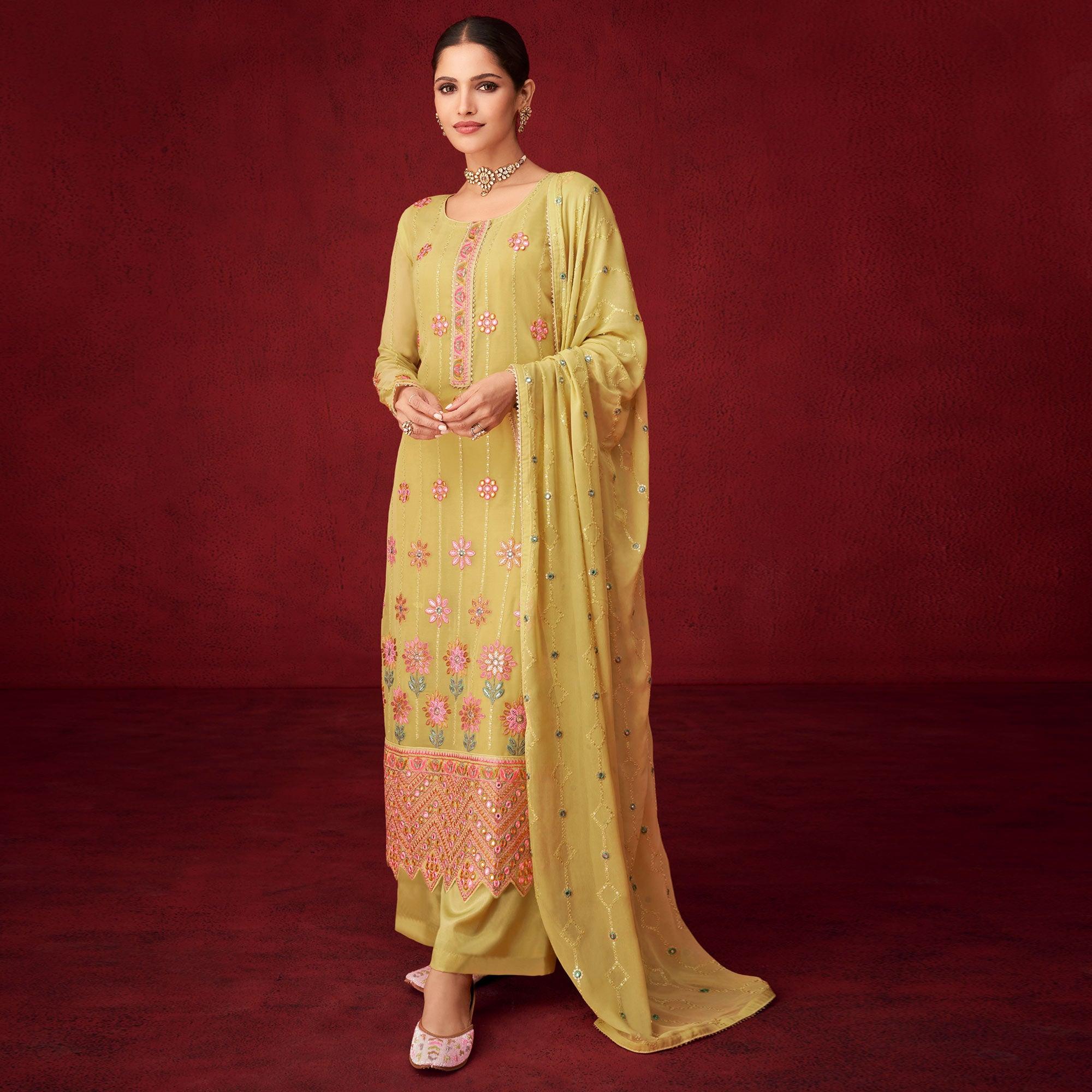 Yellow Sequence Embroidered Georgette Partywear Suit - Peachmode