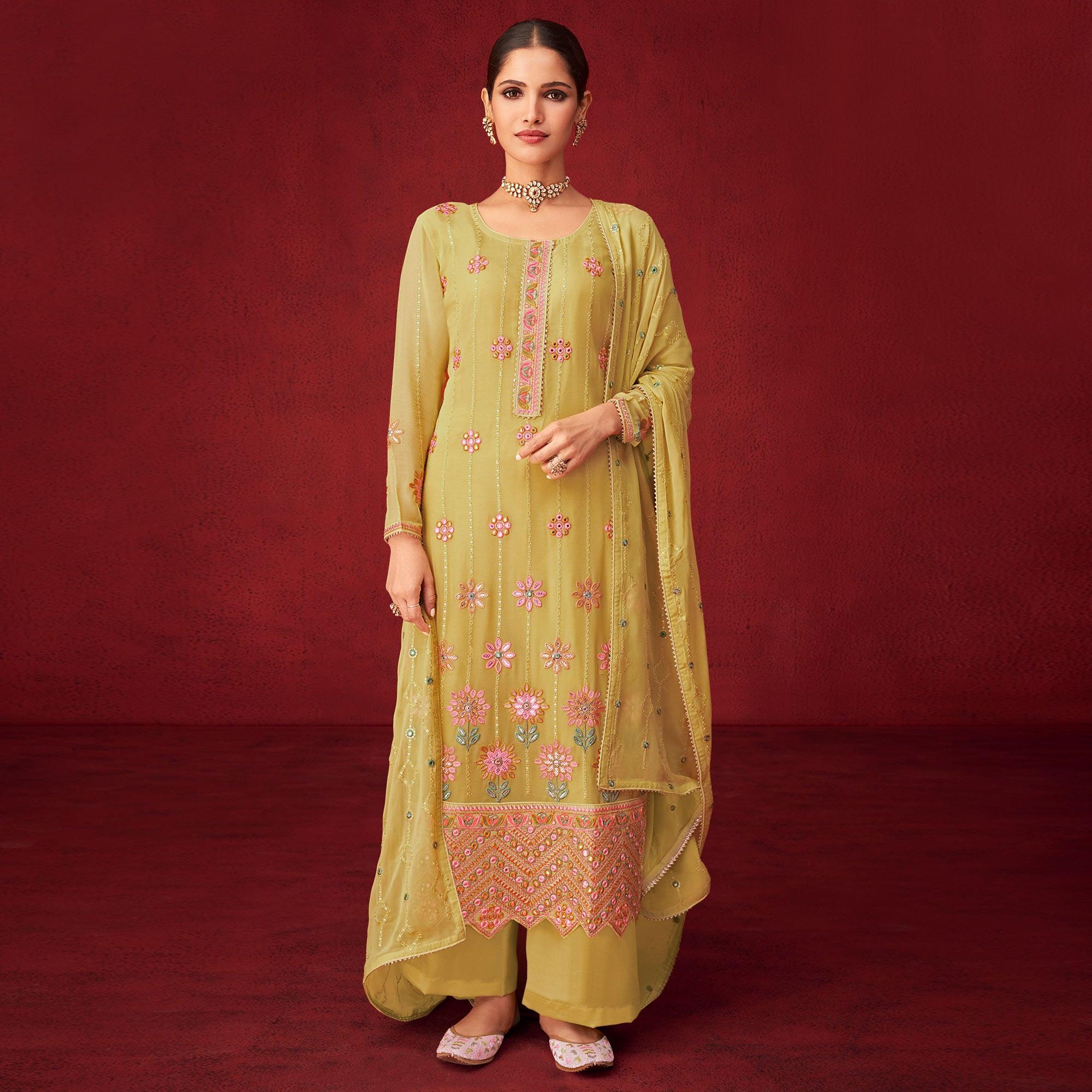 Yellow Sequence Embroidered Georgette Partywear Suit - Peachmode