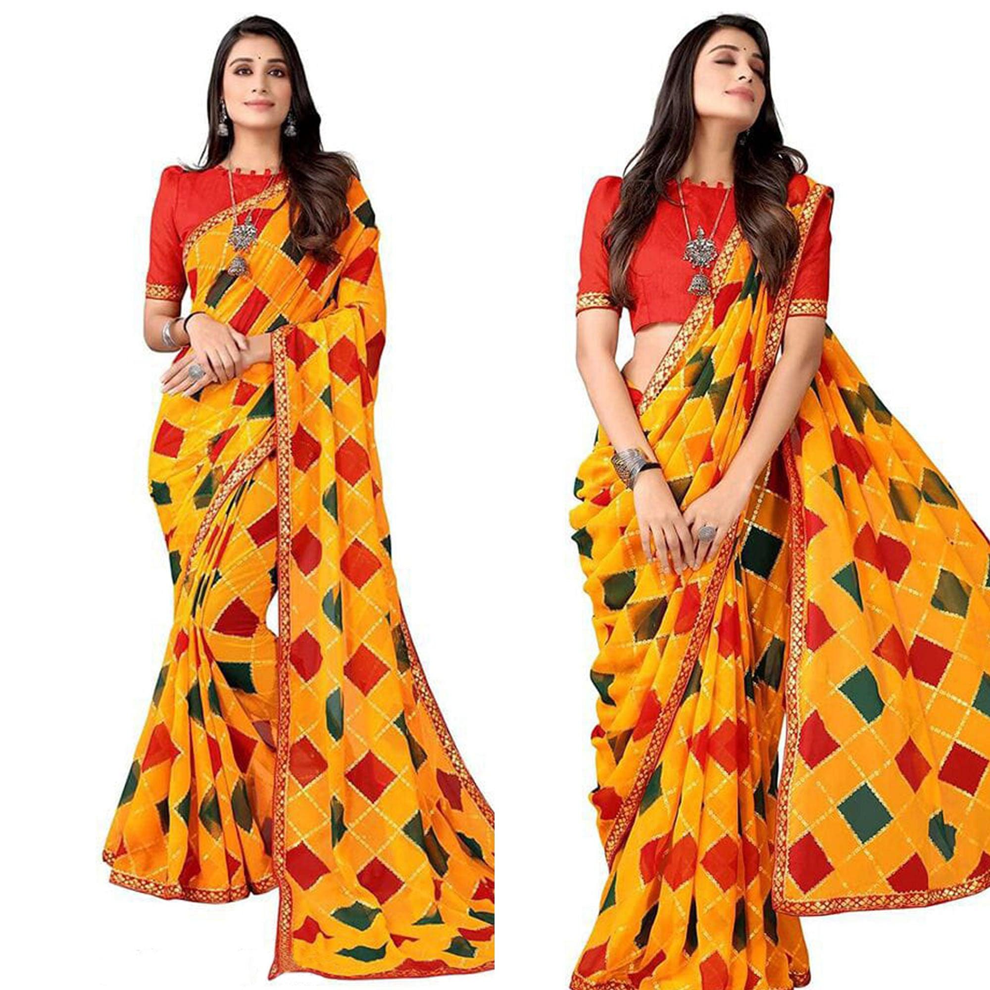 Yellow Sequence Embroidered Georgette Saree - Peachmode