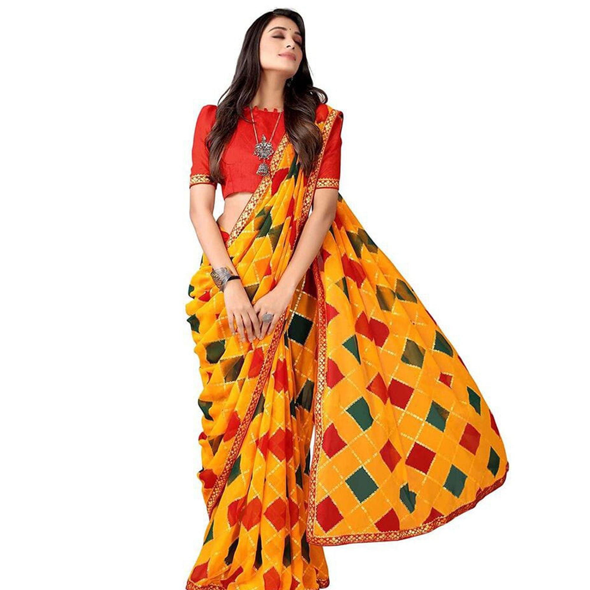 Yellow Sequence Embroidered Georgette Saree - Peachmode