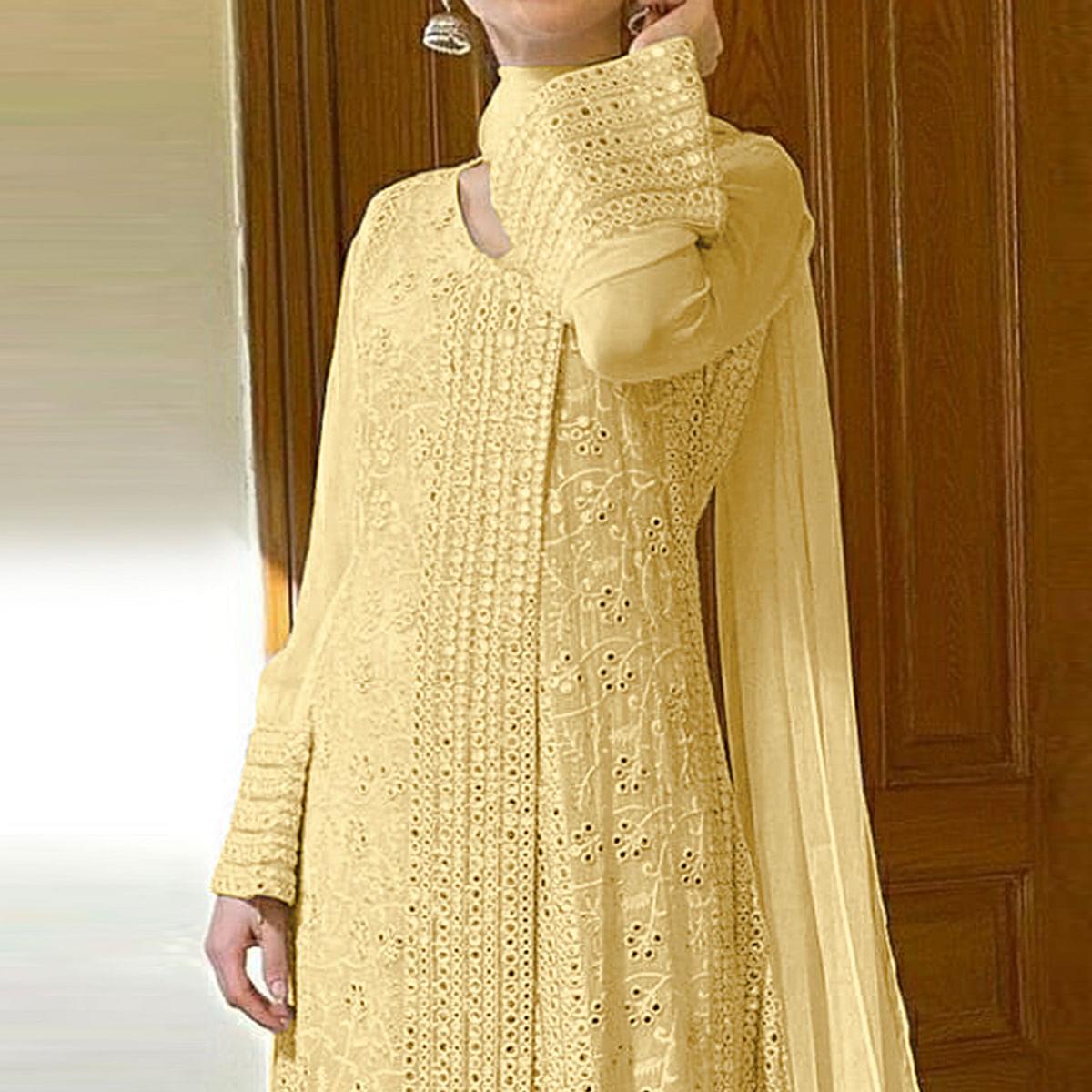 Yellow Sequence Embroidered Georgette Suit - Peachmode