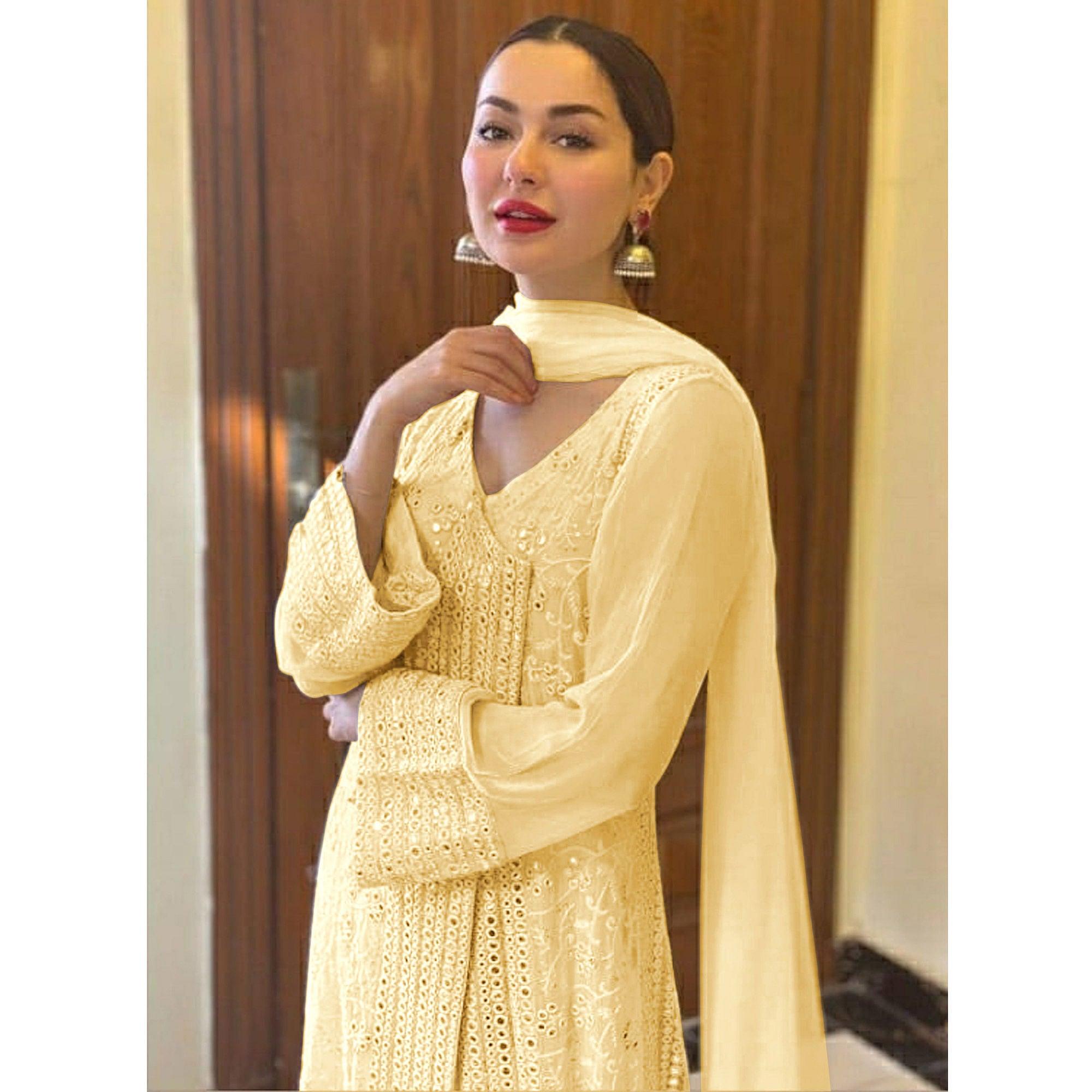Yellow Sequence Embroidered Georgette Suit - Peachmode