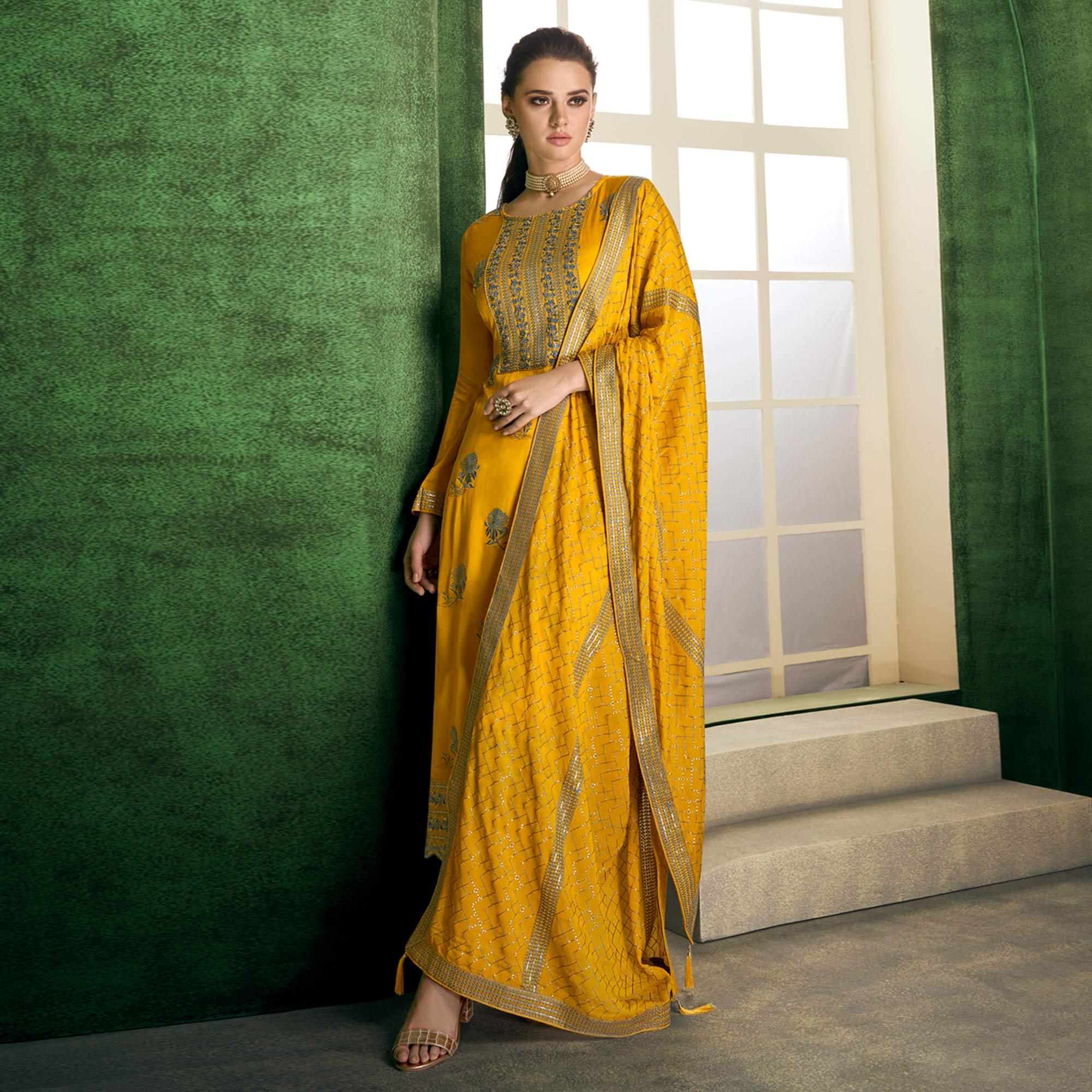 Yellow Sequence Embroidered Handwork Chiffon Partywear Suit - Peachmode