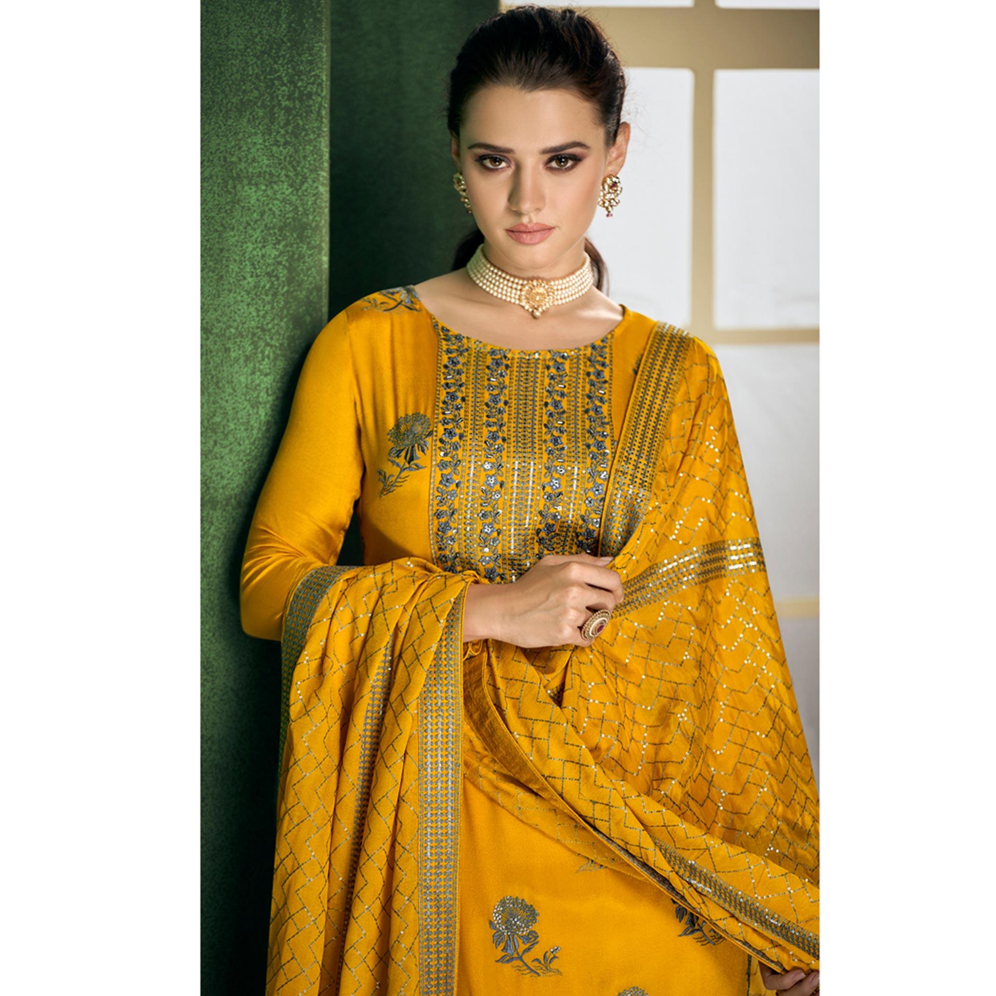 Yellow Sequence Embroidered Handwork Chiffon Partywear Suit - Peachmode