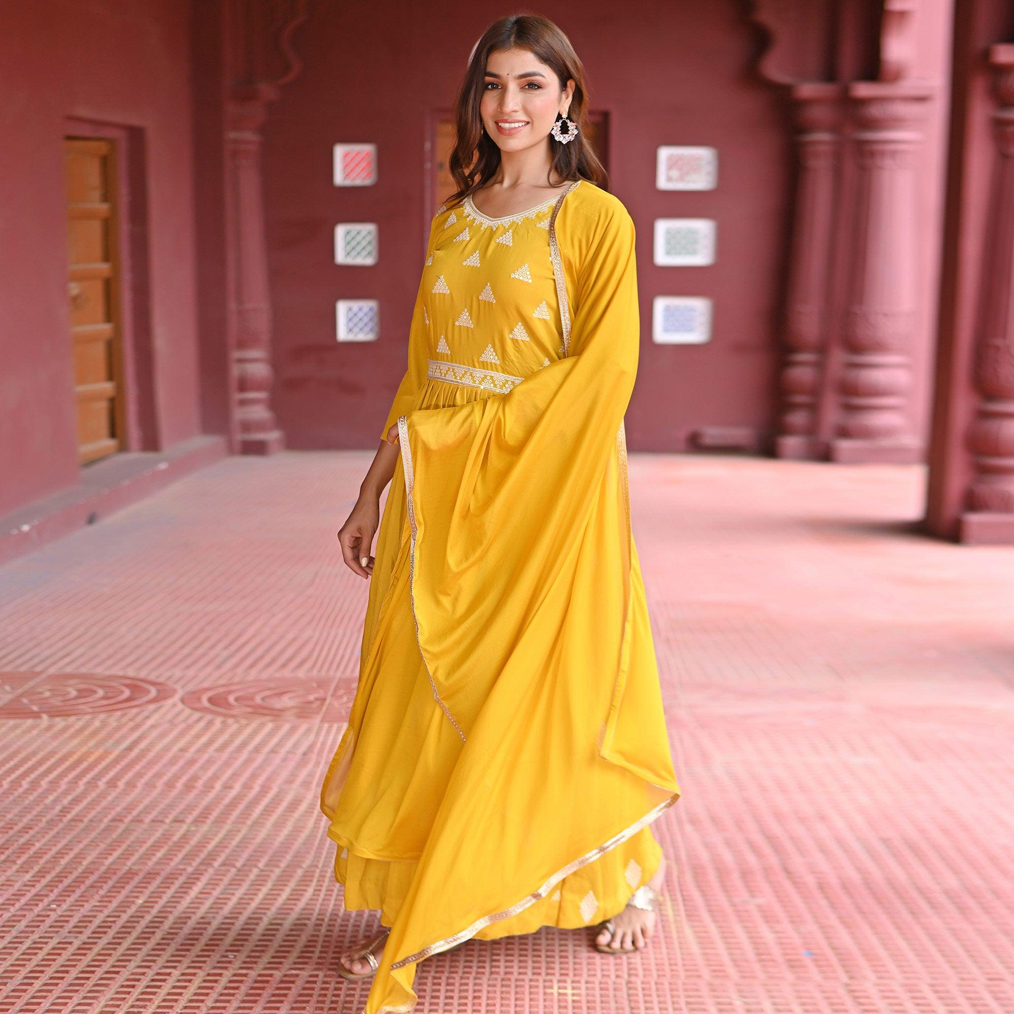 Yellow Sequence Embroidered Muslin Gown - Peachmode