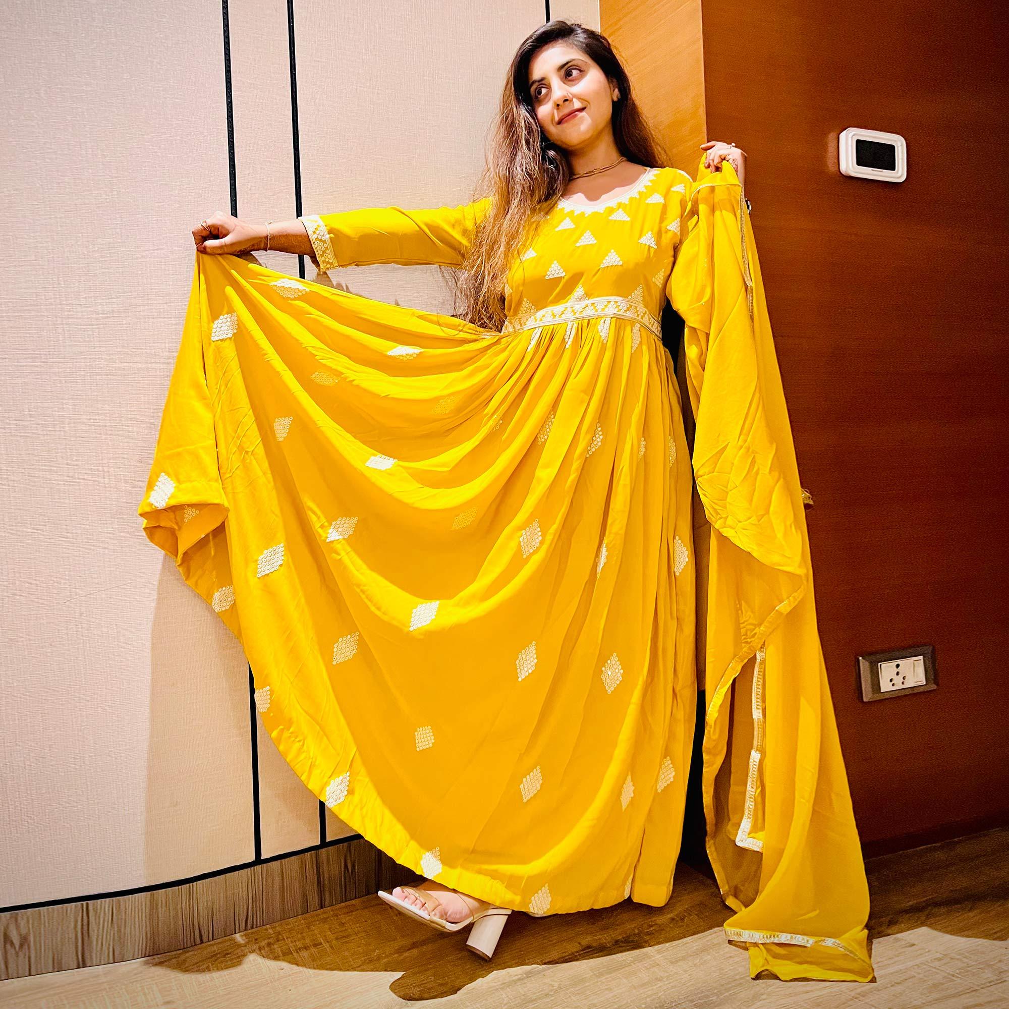 Yellow Sequence Embroidered Muslin Gown - Peachmode