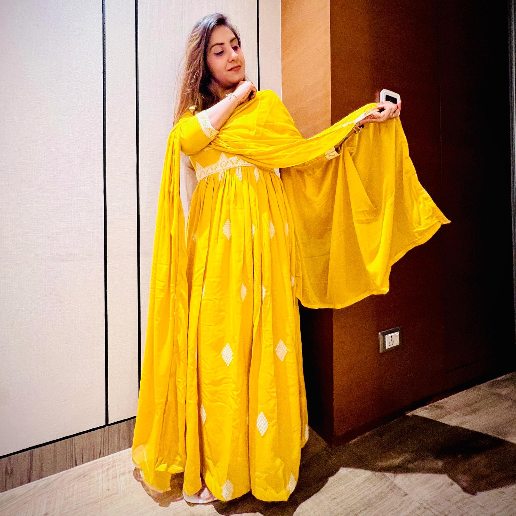 Yellow Sequence Embroidered Muslin Gown - Peachmode