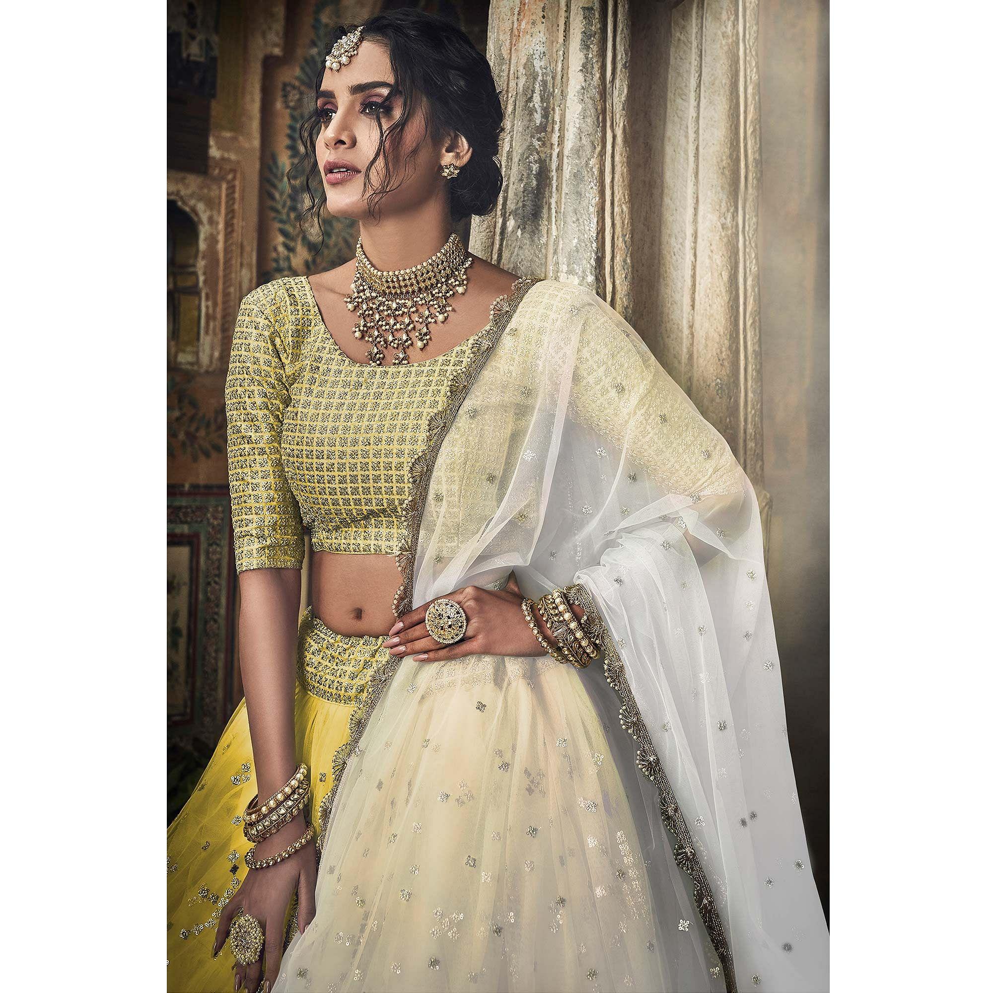 Yellow Sequence Embroidered Net Lehenga Choli - Peachmode