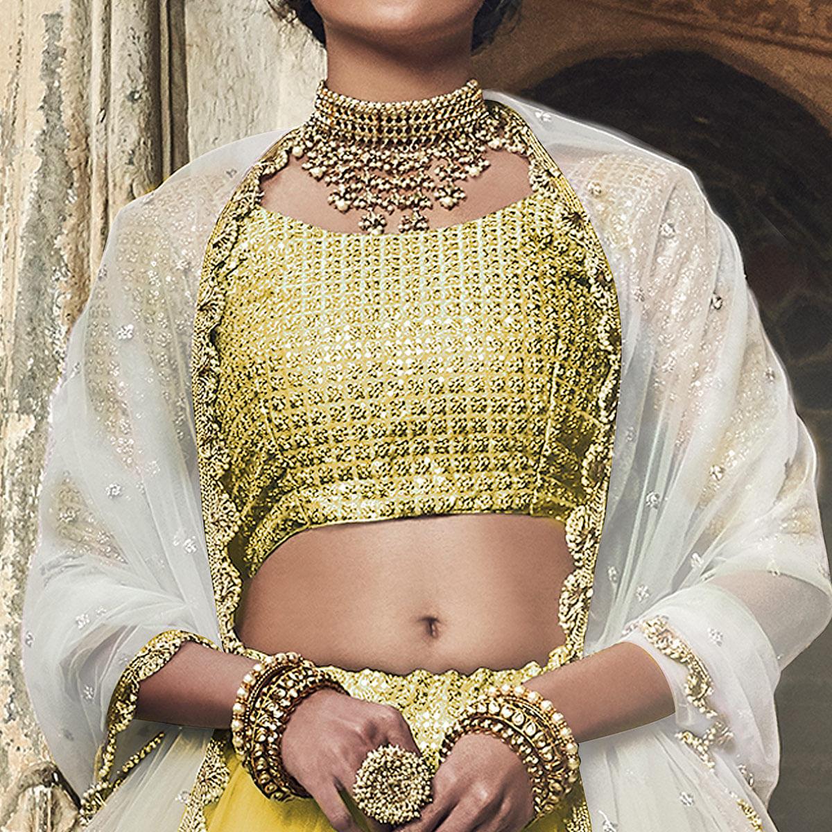 Yellow Sequence Embroidered Net Lehenga Choli - Peachmode