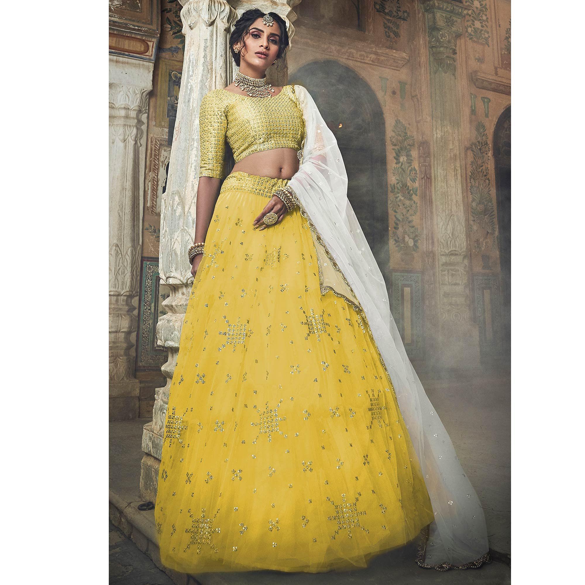 Yellow Sequence Embroidered Net Lehenga Choli - Peachmode