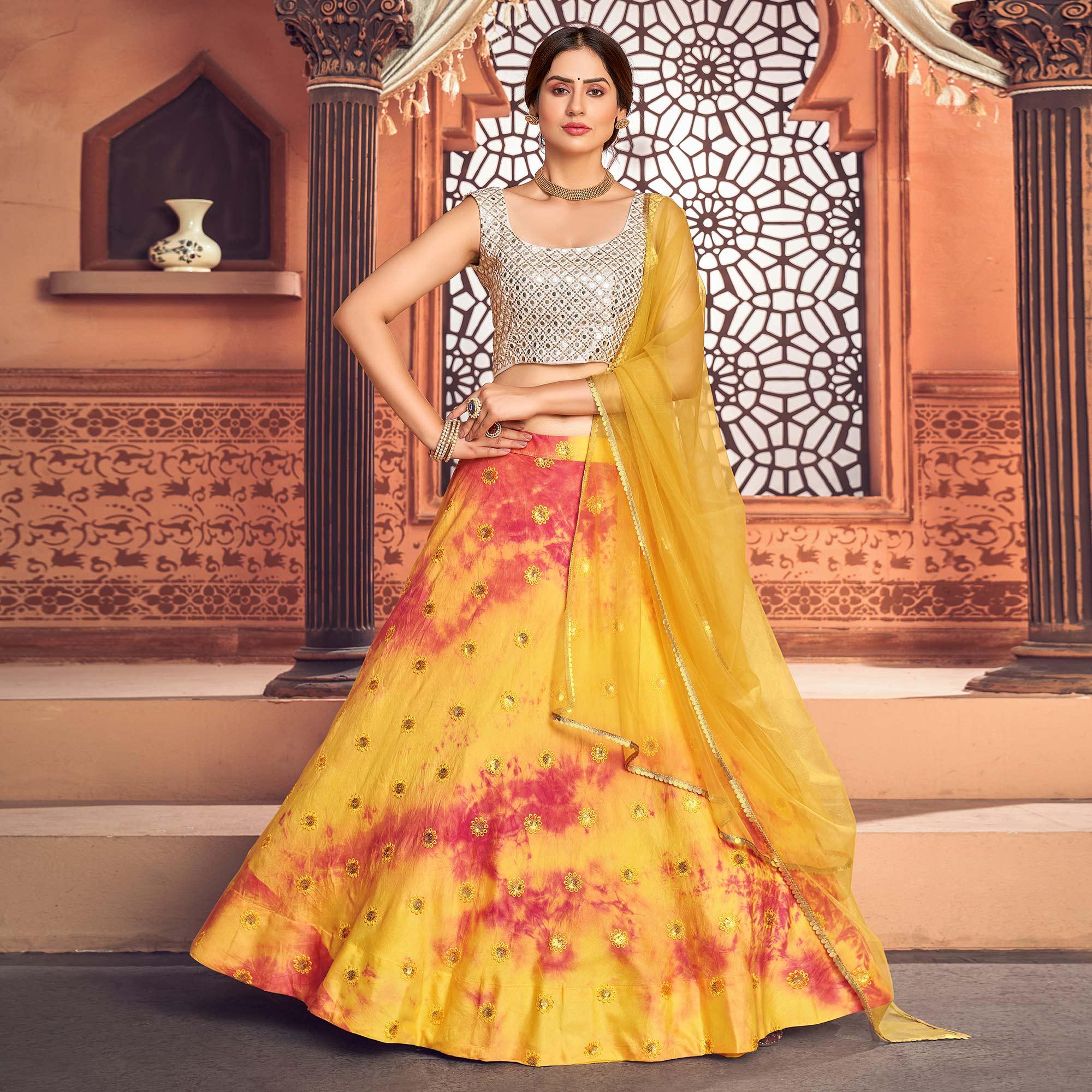 Yellow Sequence Embroidered Poly Cotton Lehenga Choli - Peachmode