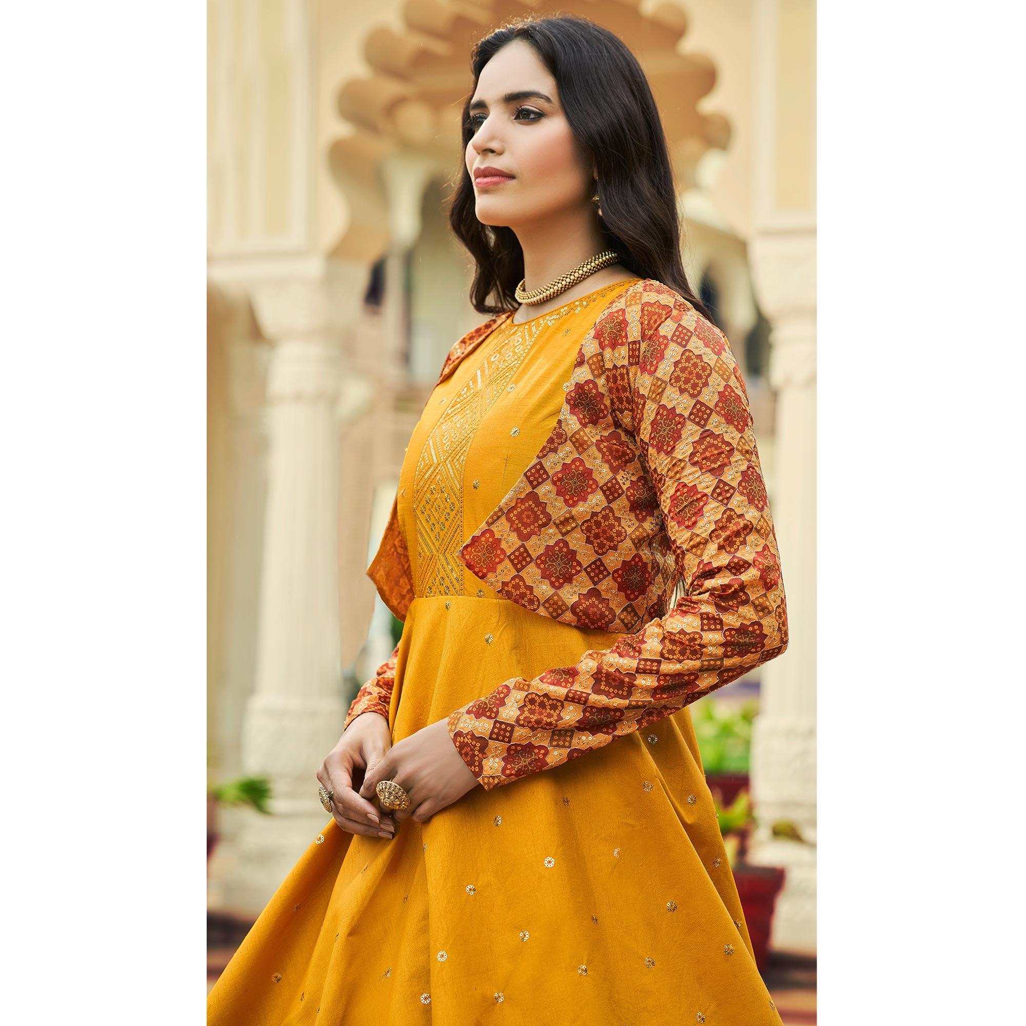 Yellow Sequence Embroidered Pure Cotton Gown With Koti - Peachmode