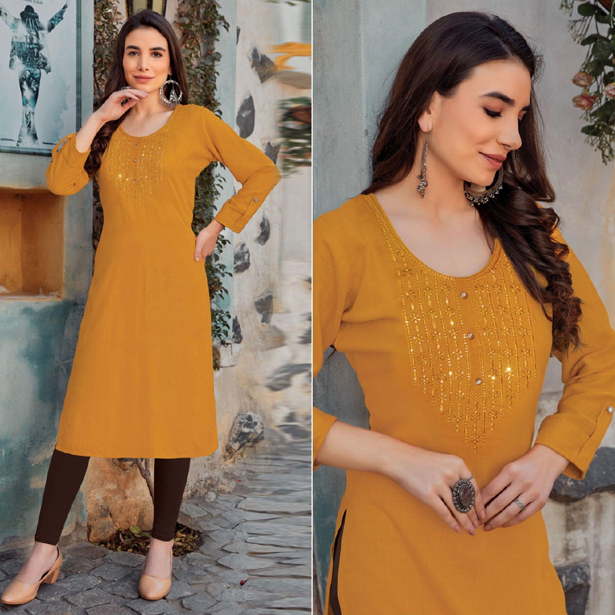 Yellow Sequence Embroidered Pure Cotton Kurti - Peachmode